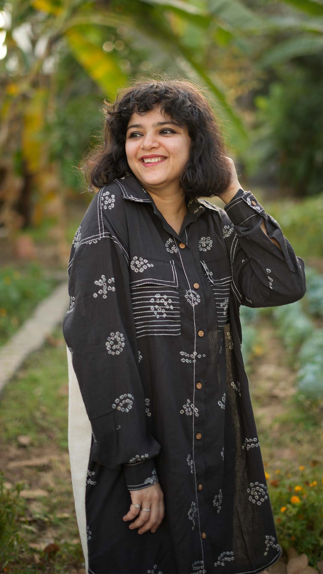 GROWTH MOTIF BLACK BANDHANI DRESS