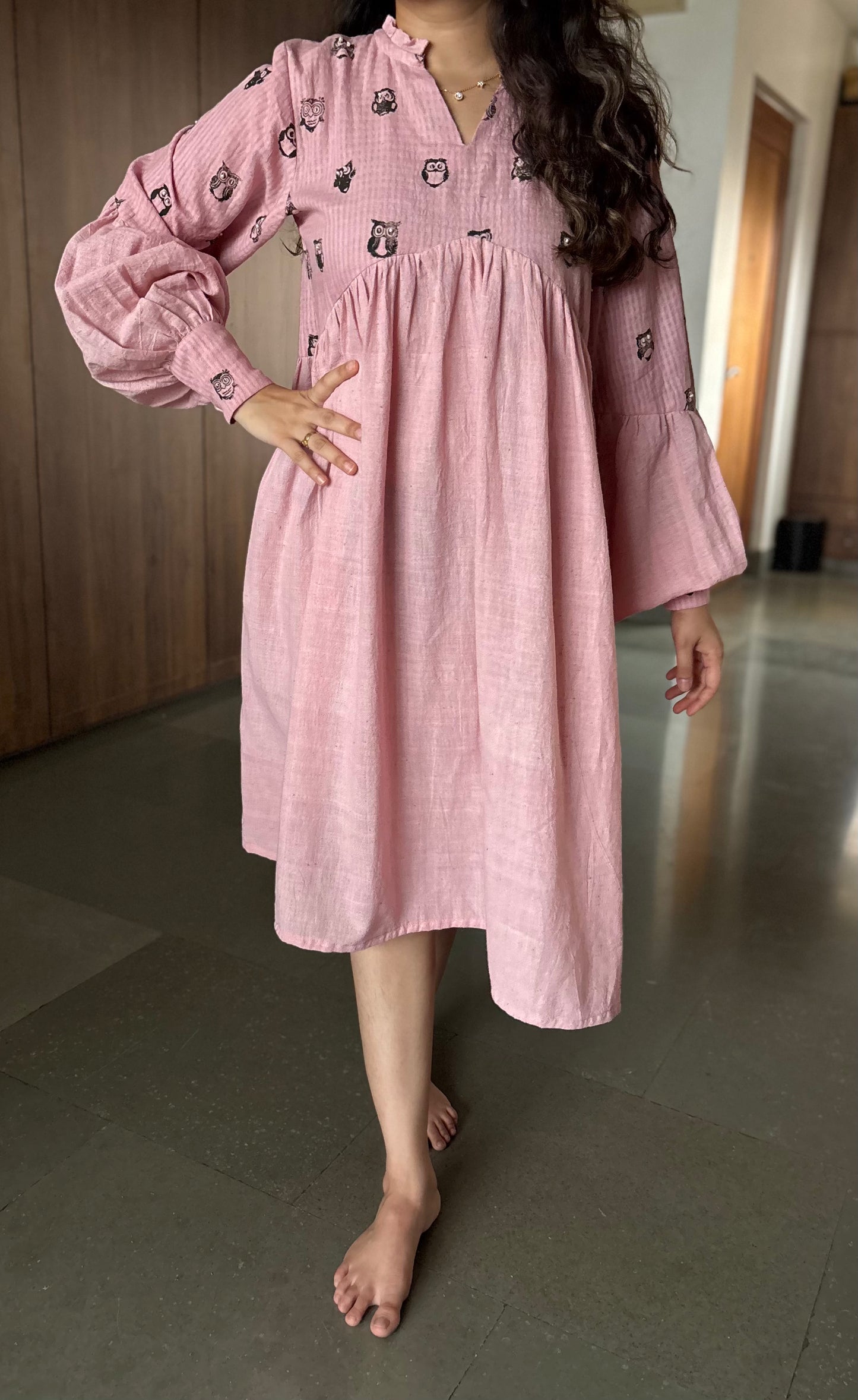 PEACH HAND BLOCK PRINTED ANTIFIT GATHER DRESS