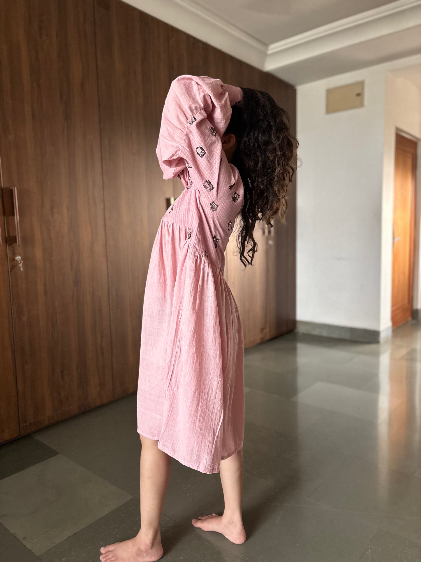 PEACH HAND BLOCK PRINTED ANTIFIT GATHER DRESS