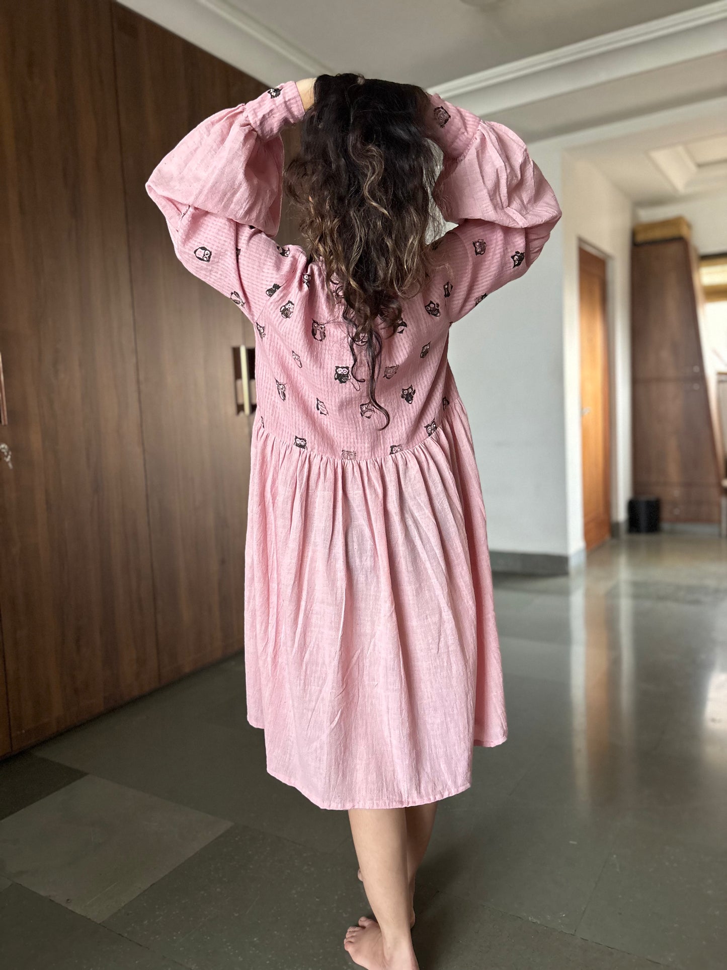 PEACH HAND BLOCK PRINTED ANTIFIT GATHER DRESS