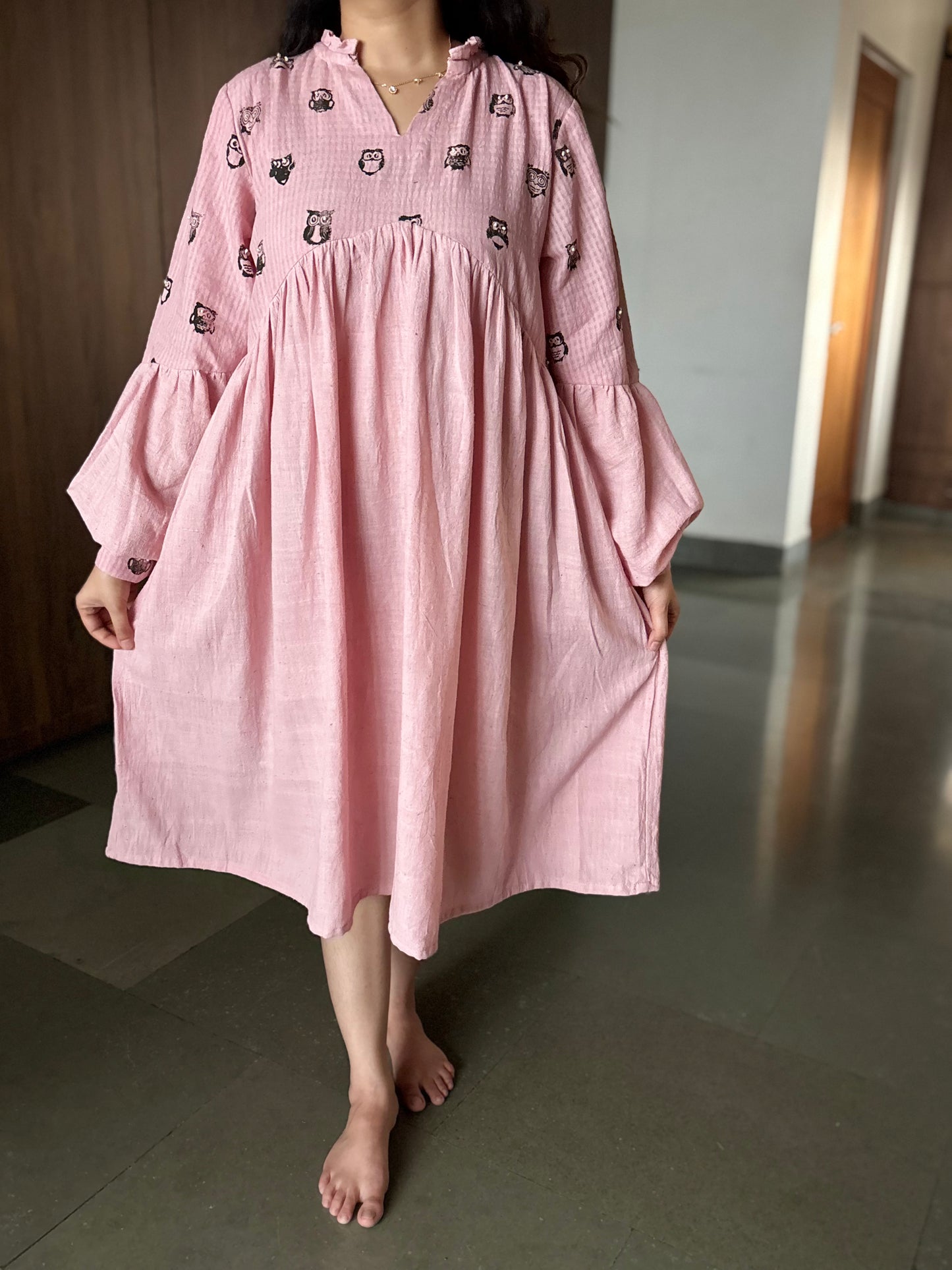 PEACH HAND BLOCK PRINTED ANTIFIT GATHER DRESS