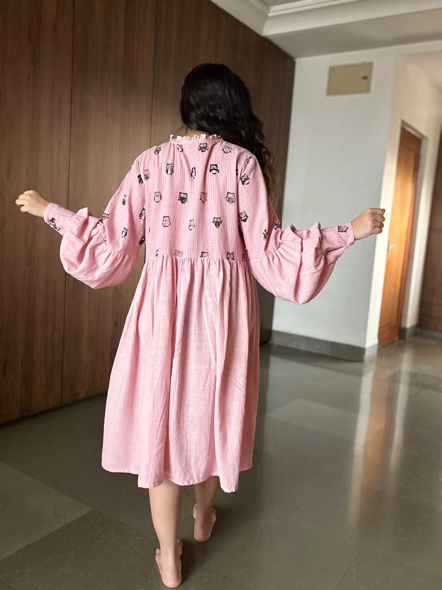PEACH HAND BLOCK PRINTED ANTIFIT GATHER DRESS