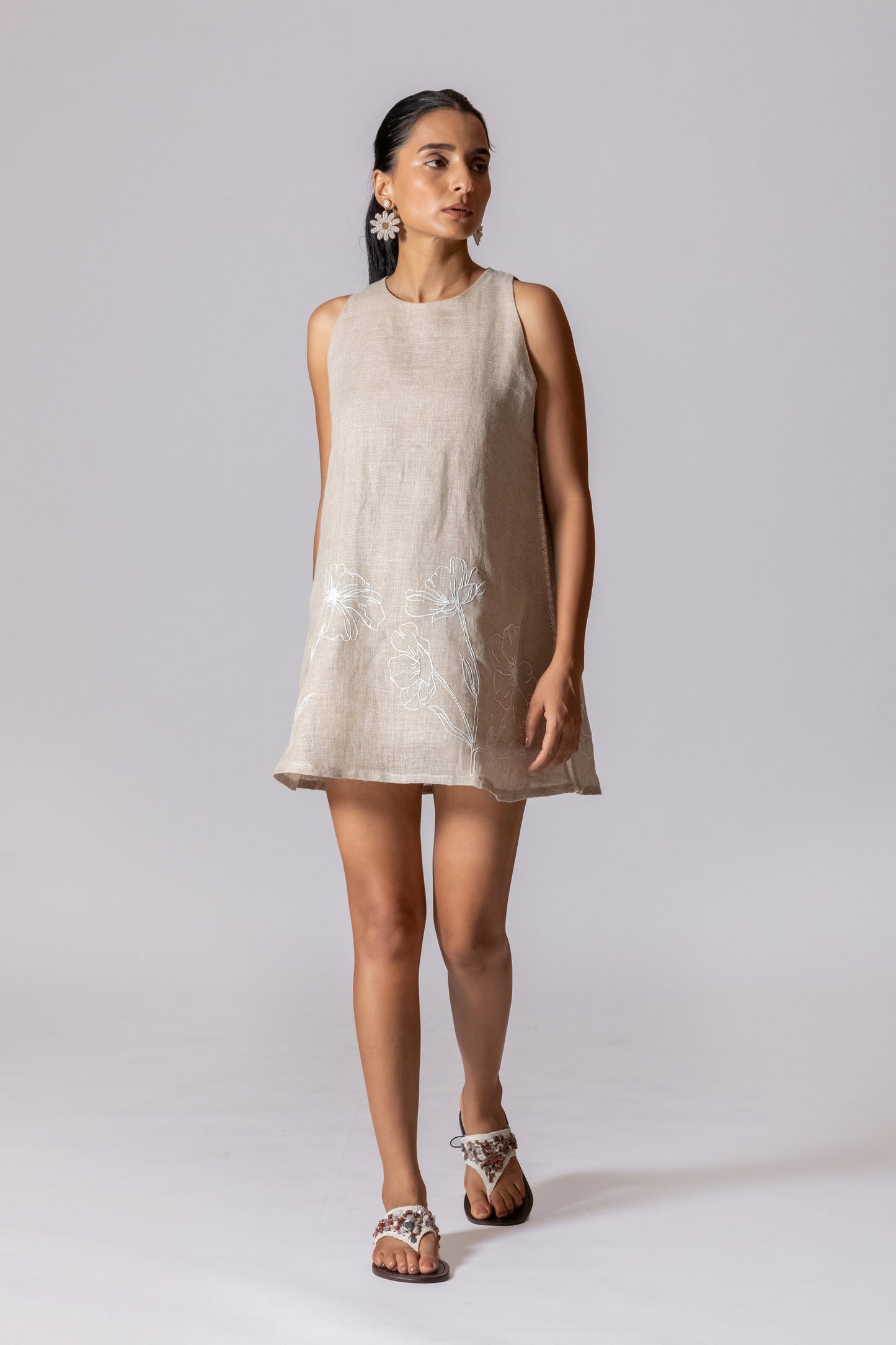 LIGHT FLORAL EMBROIDERY 100% PURE RAW LINEN TUNIC