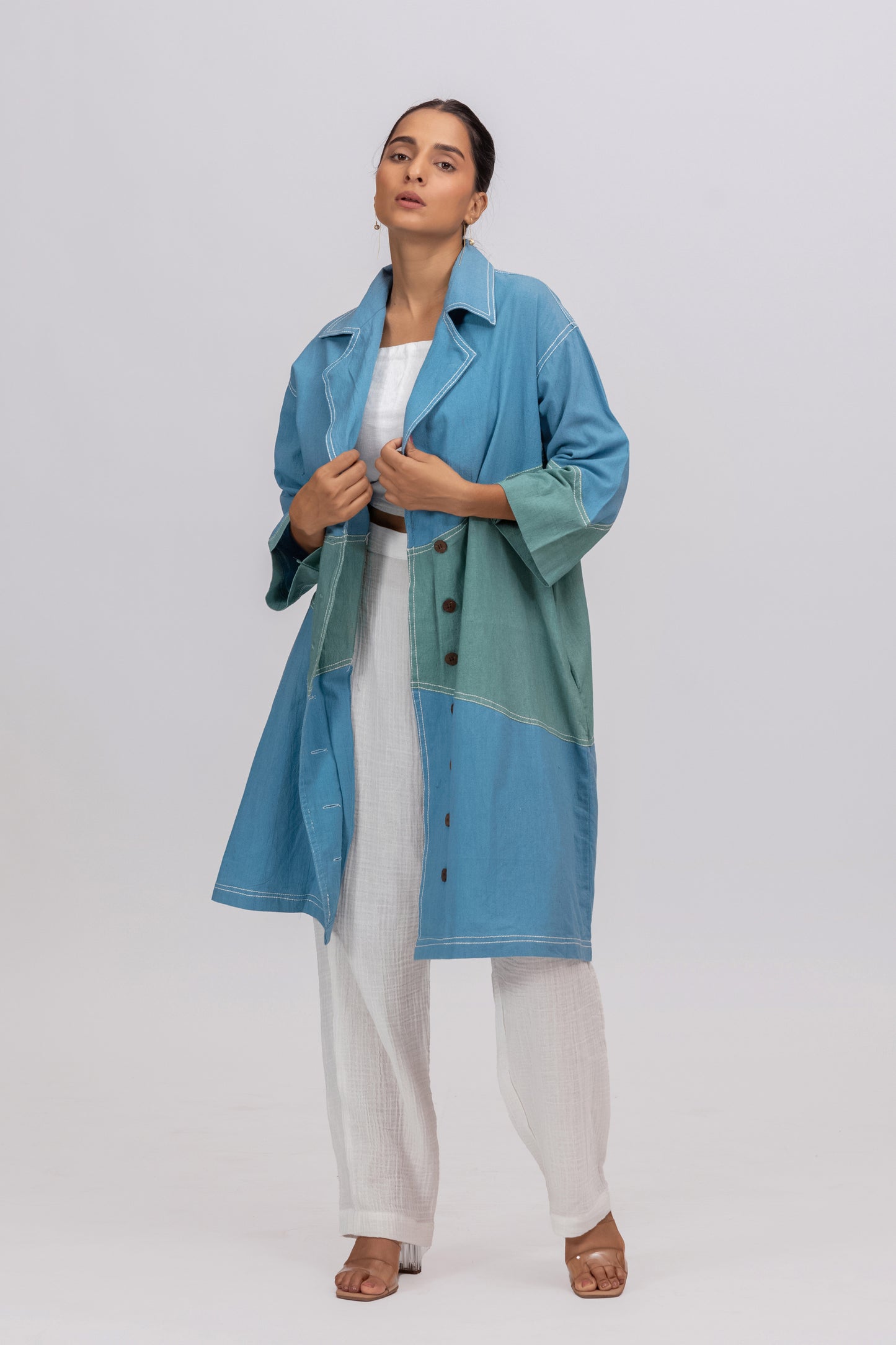 BLUE GREEN NATURAL DYED OVERCOAT IN KALA COTTON
