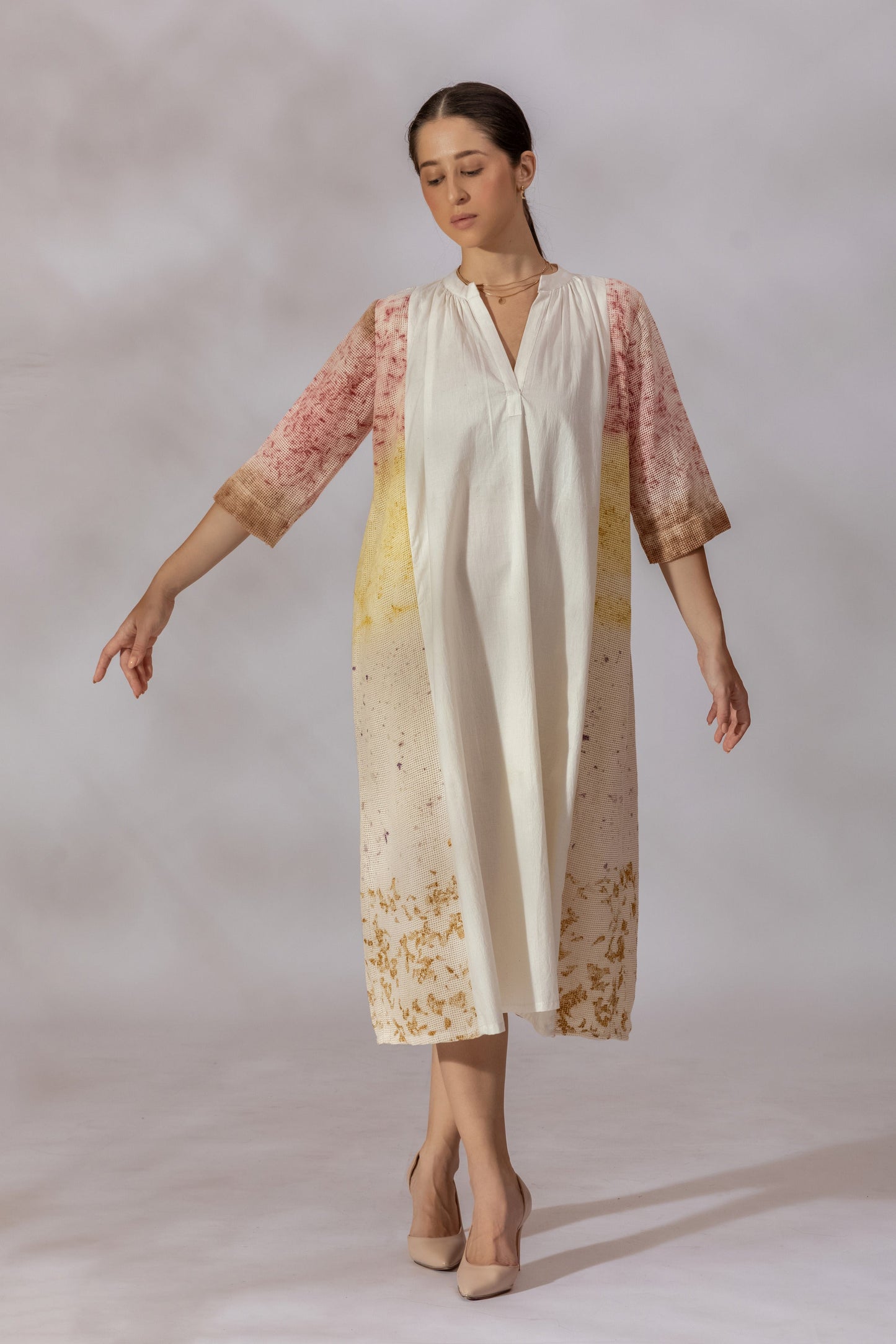 MESH ECOPRINT KHADI PANELLED DRESS