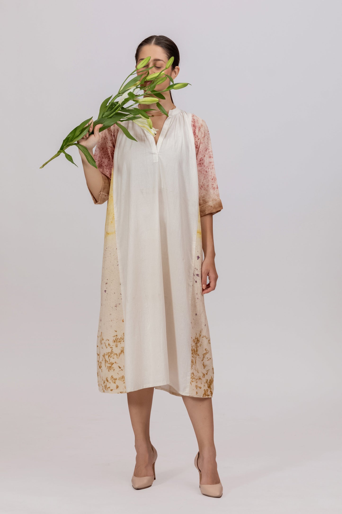 MESH ECOPRINT KHADI PANELLED DRESS
