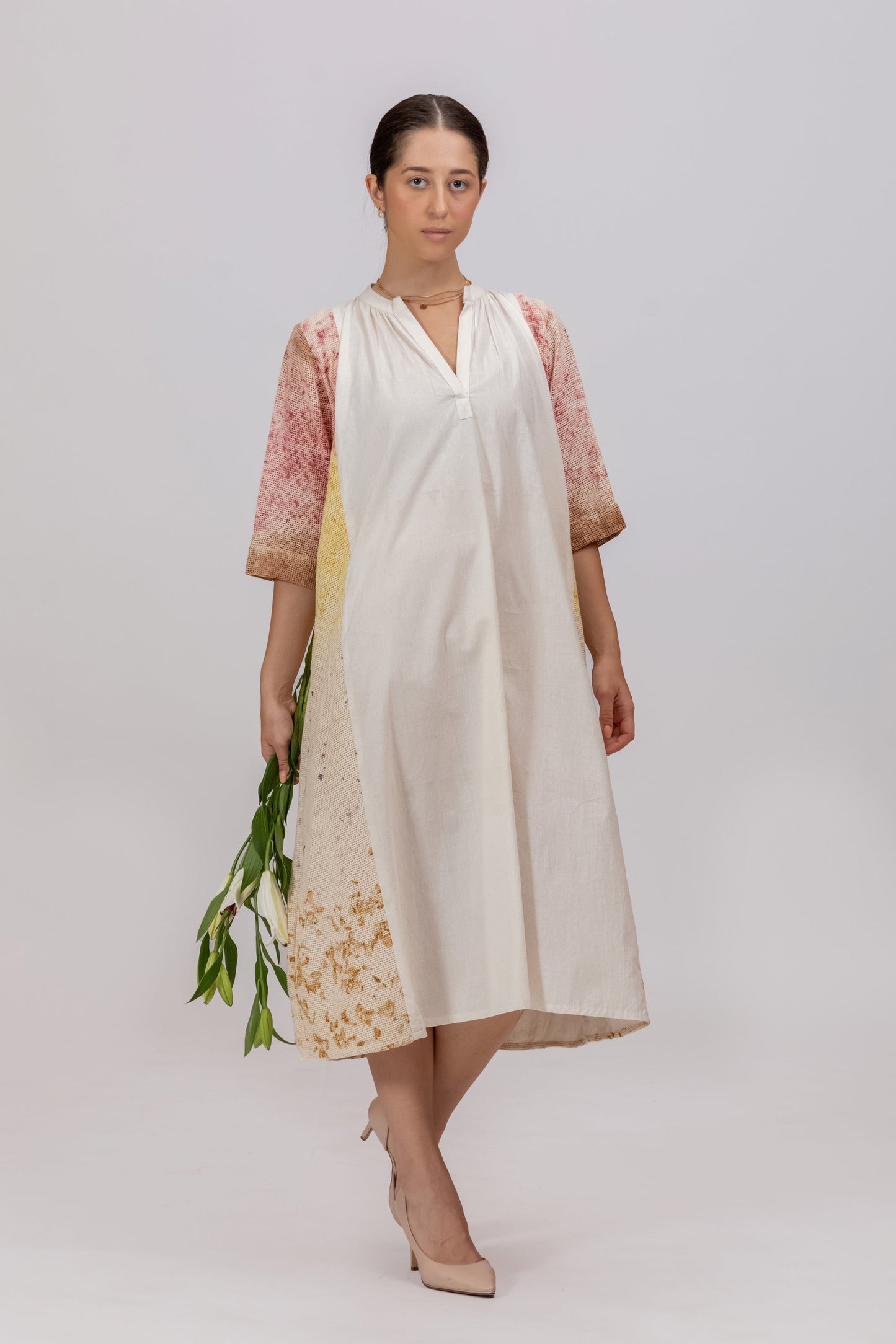 MESH ECOPRINT KHADI PANELLED DRESS