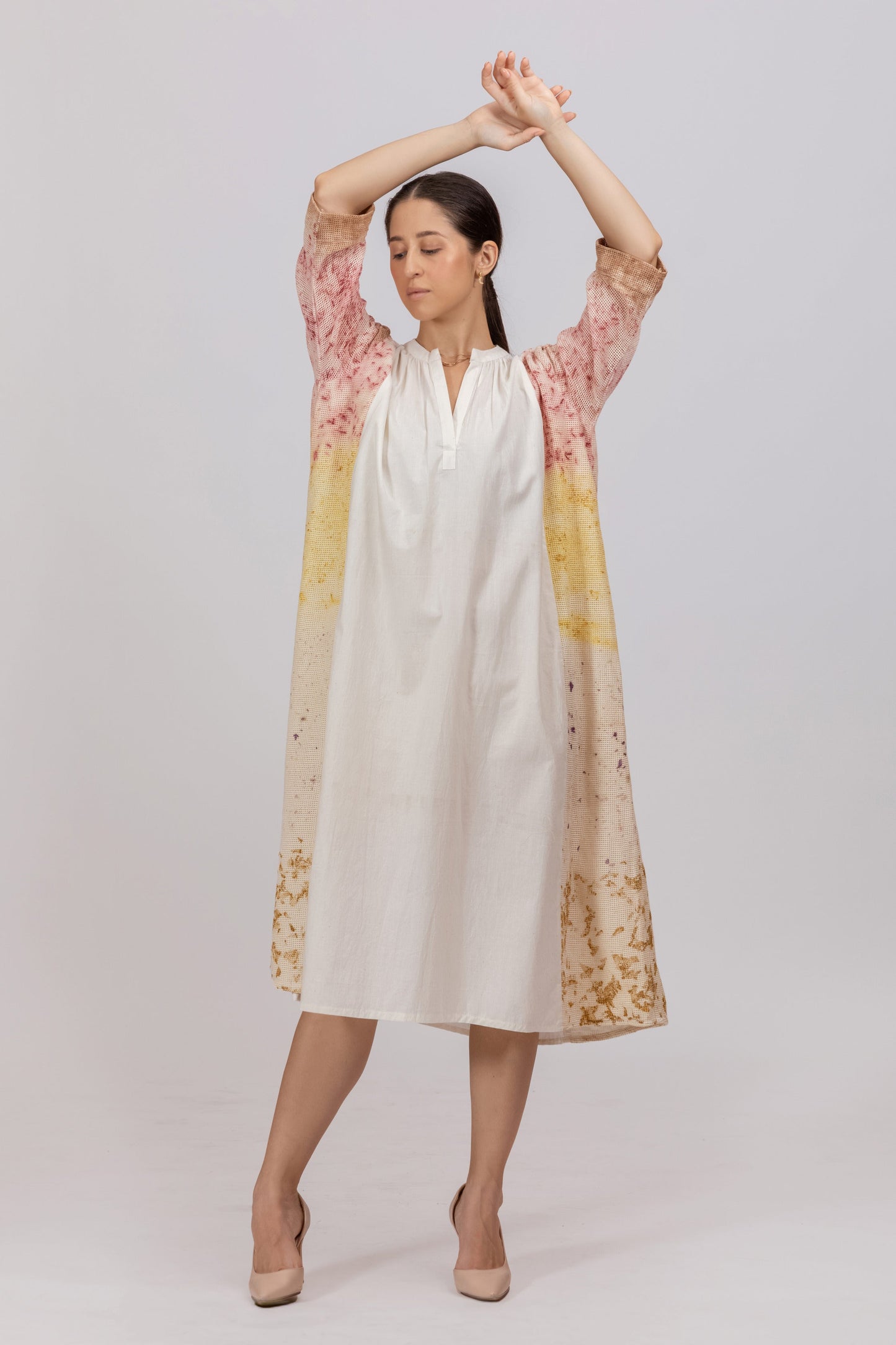 MESH ECOPRINT KHADI PANELLED DRESS