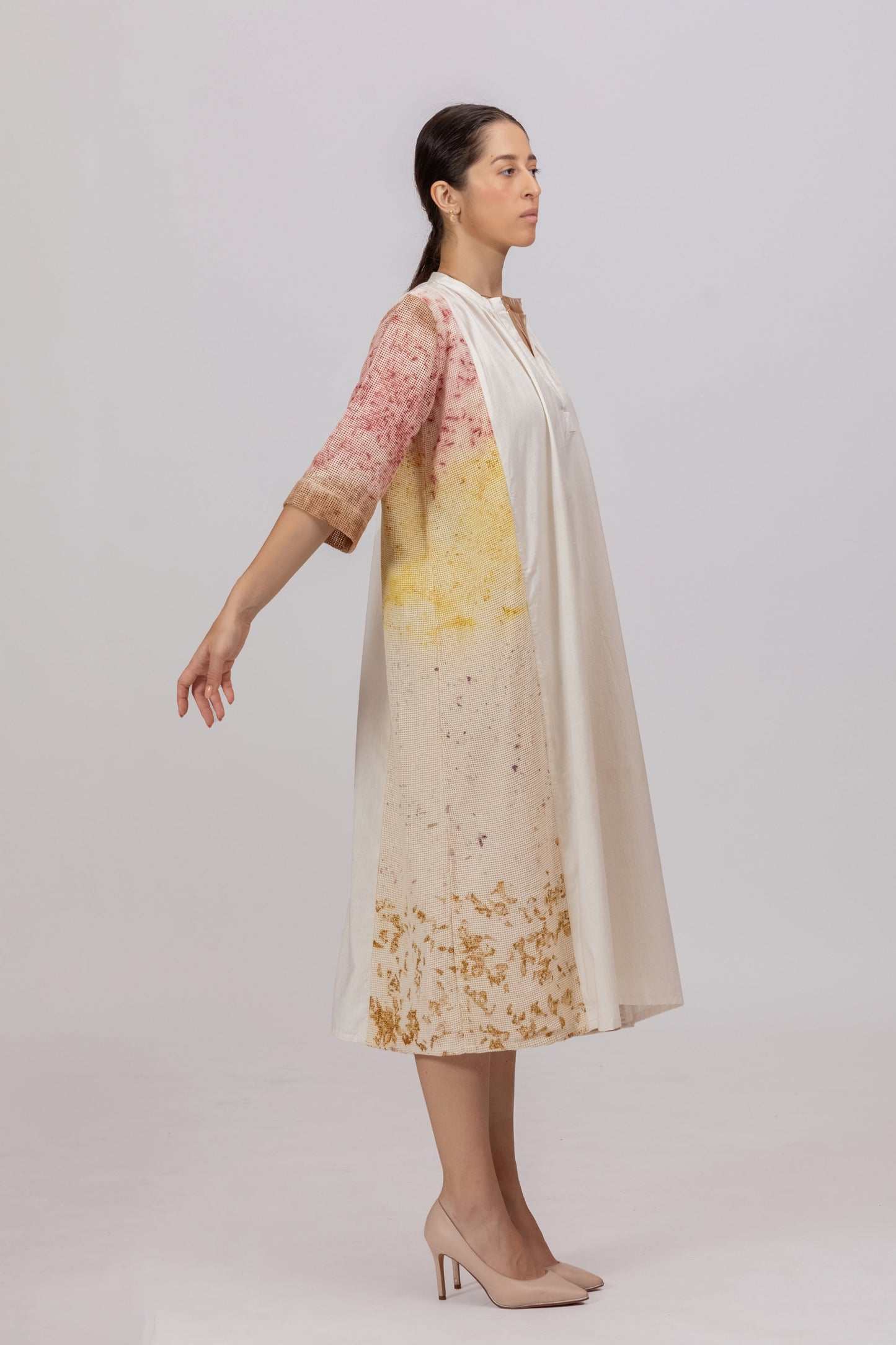 MESH ECOPRINT KHADI PANELLED DRESS