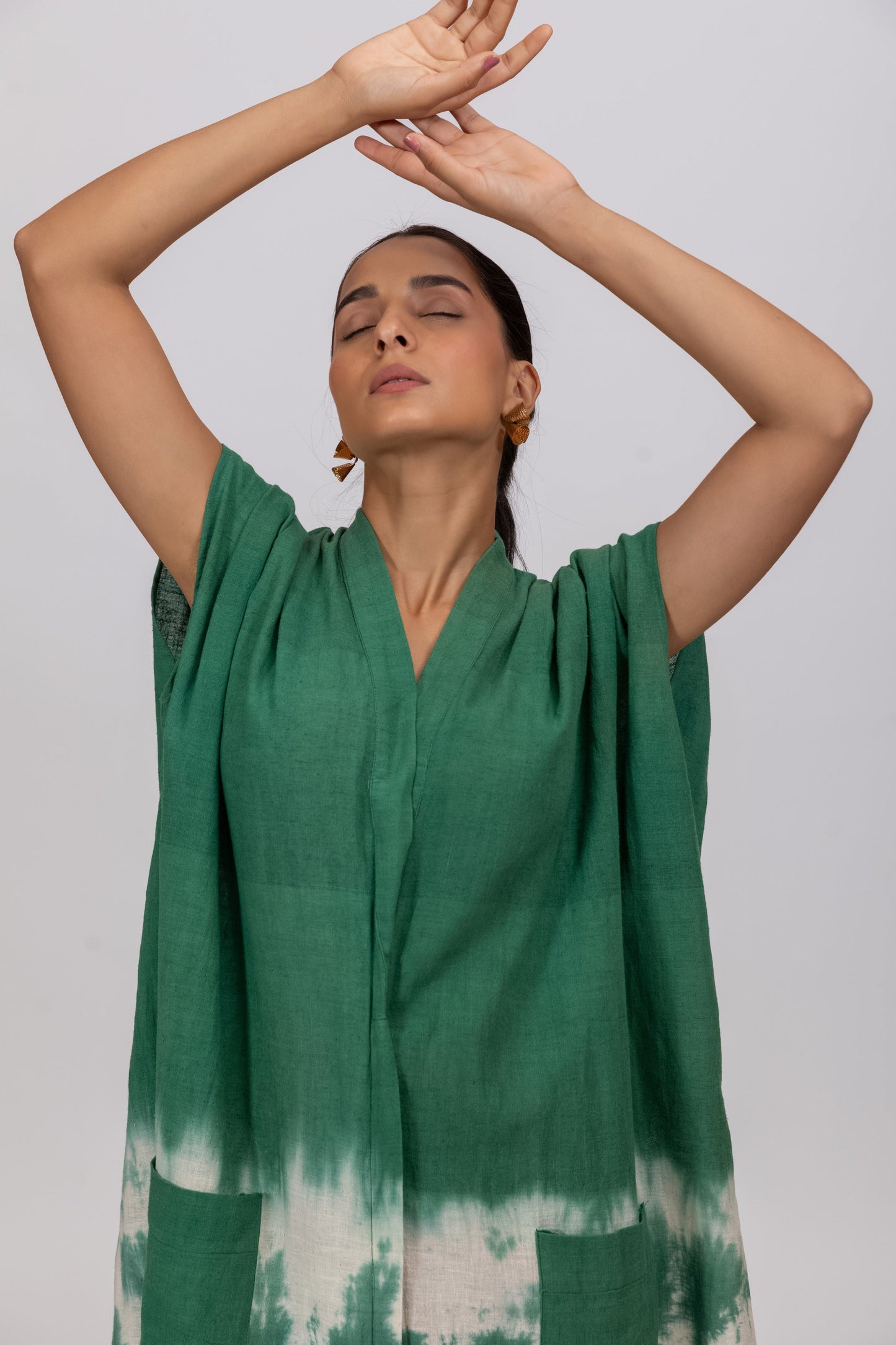 GREEN SHOULDER PLEAT MAXI DRESS IN KALA COTTON
