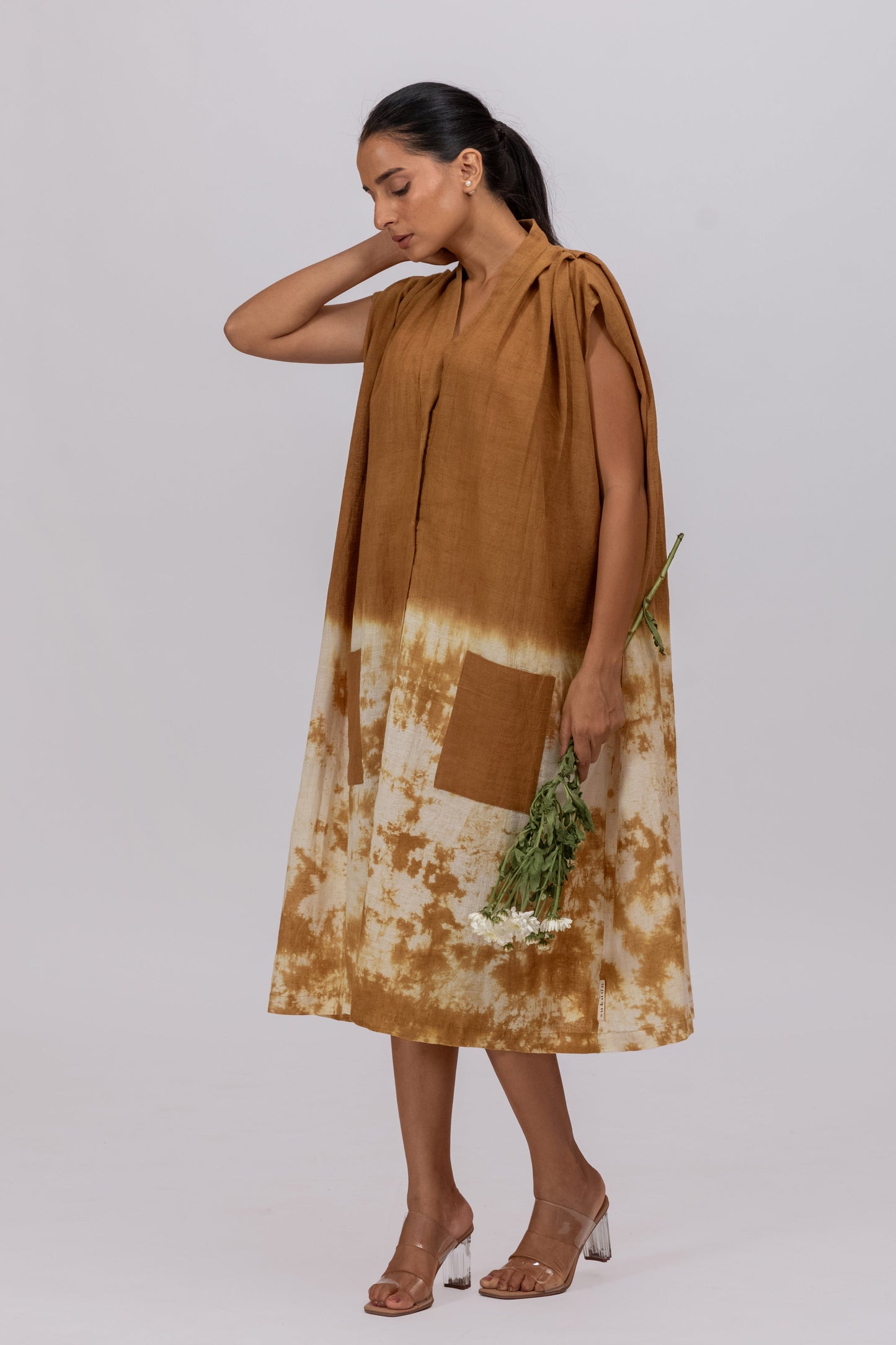 MUSTARD YELLOW SHOULDER PLEAT MAXI DRESS IN KALA COTTON