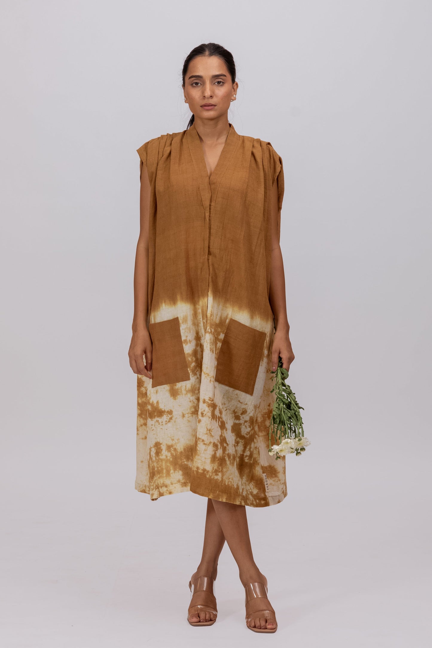 MUSTARD YELLOW SHOULDER PLEAT MAXI DRESS IN KALA COTTON