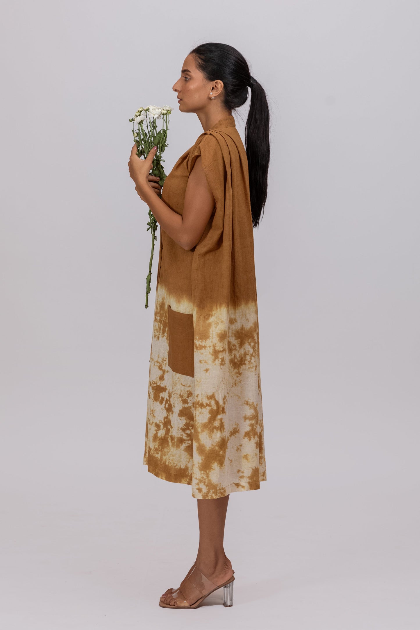 MUSTARD YELLOW SHOULDER PLEAT MAXI DRESS IN KALA COTTON