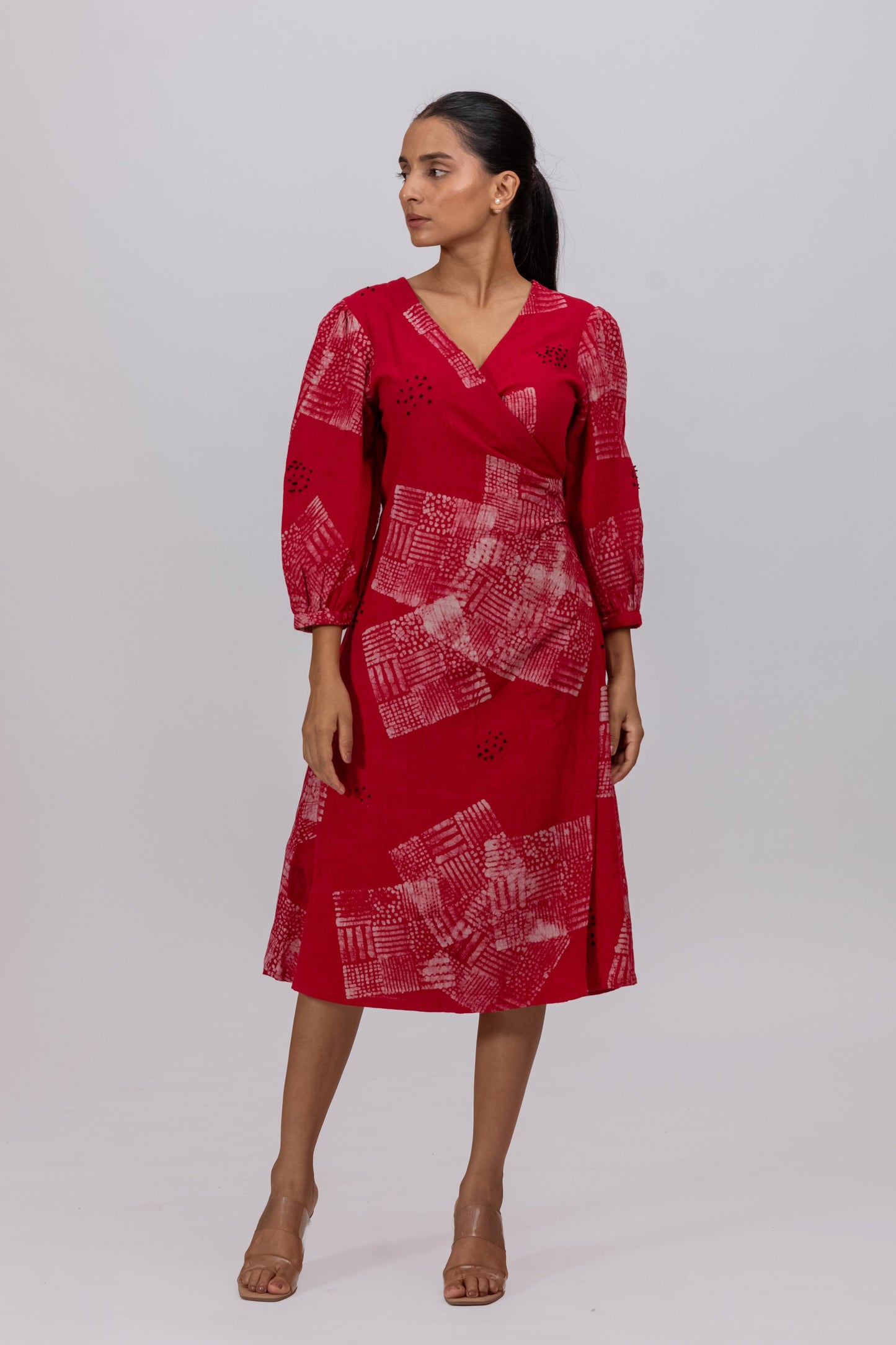 RED NATURALLY DYED BATIK PRINT WRAP AROUND DRESS