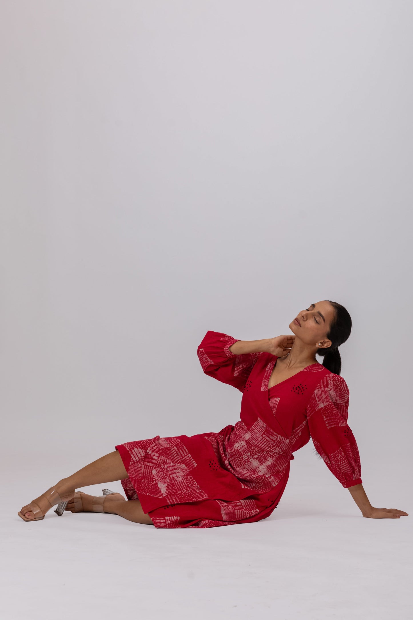 RED NATURALLY DYED BATIK PRINT WRAP AROUND DRESS