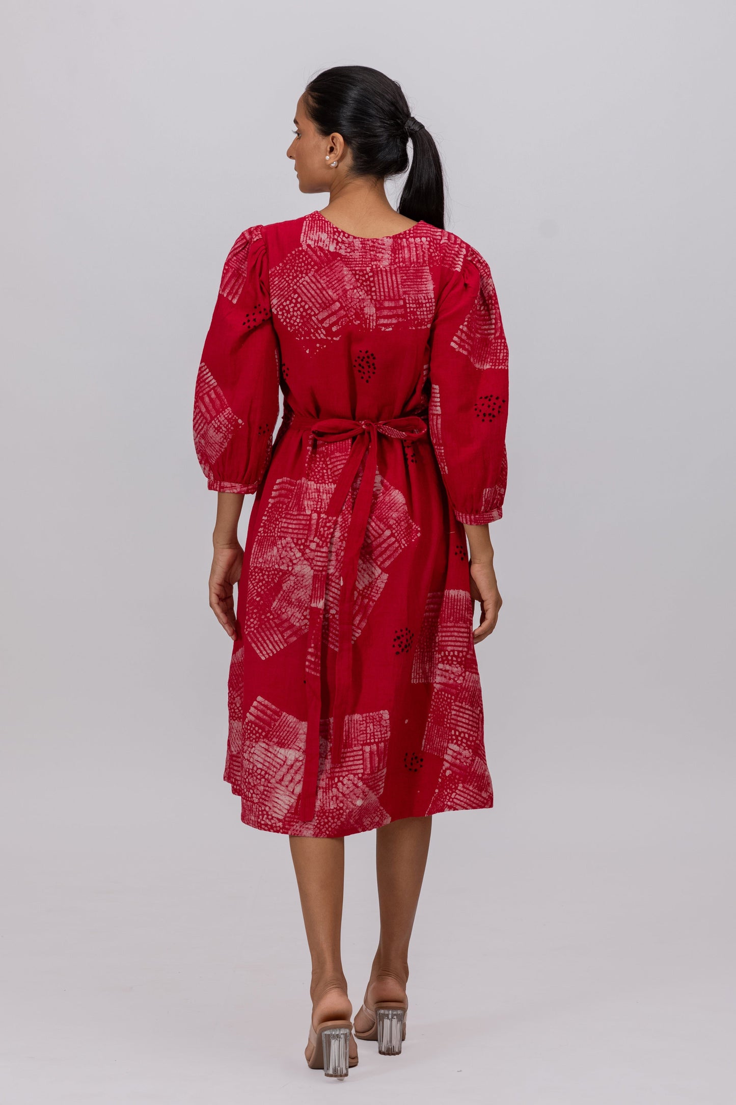 RED NATURALLY DYED BATIK PRINT WRAP AROUND DRESS