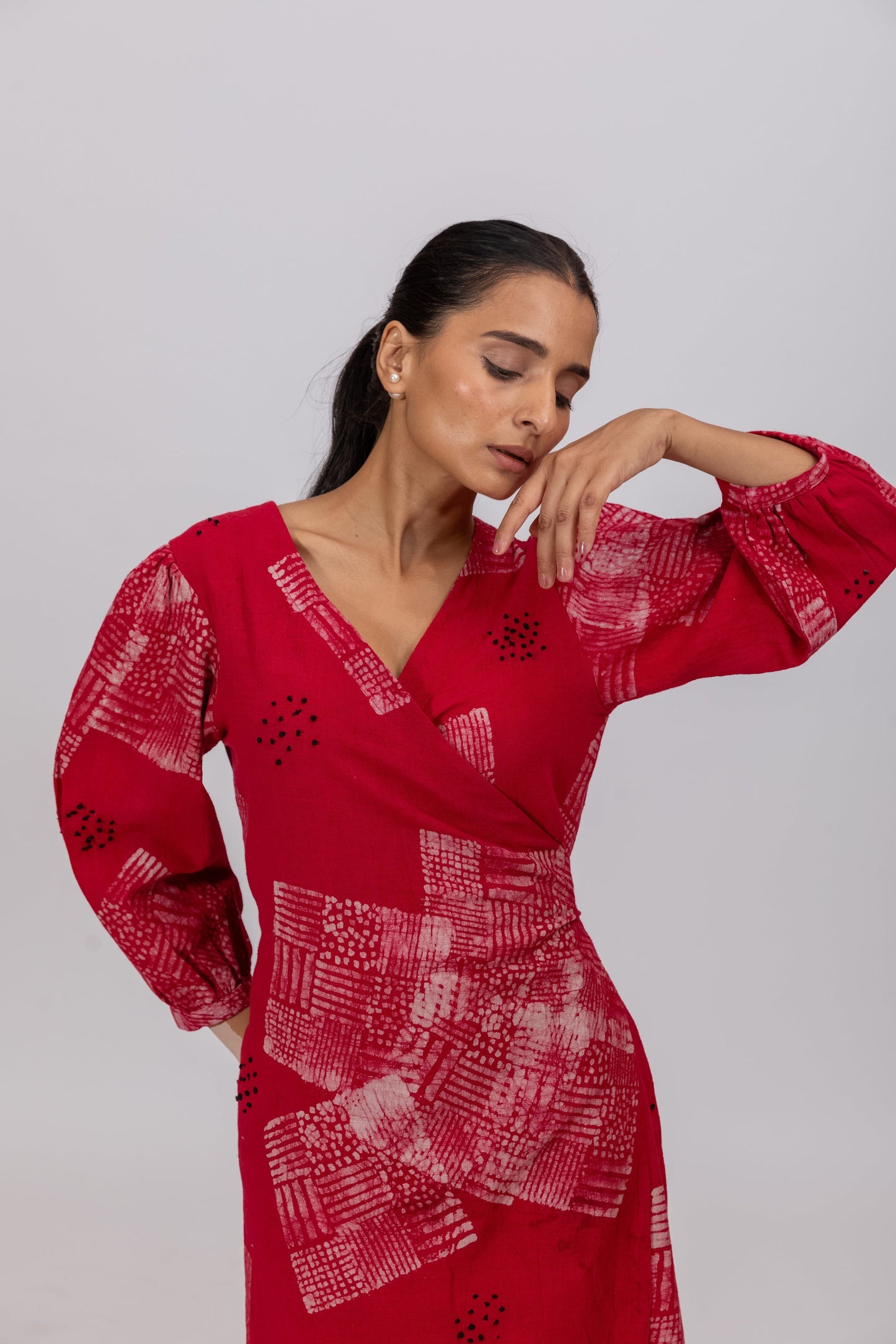 RED NATURALLY DYED BATIK PRINT WRAP AROUND DRESS