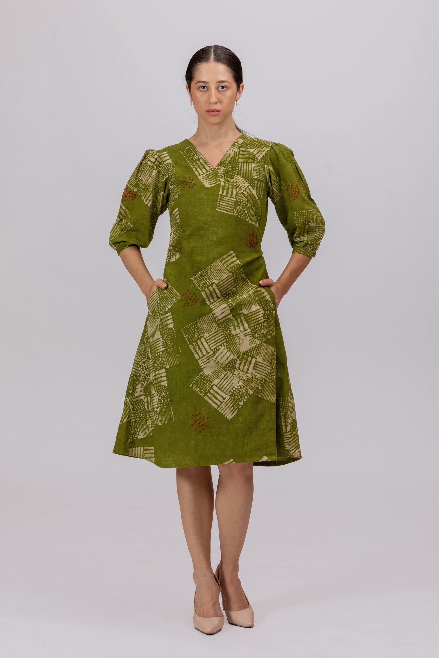 GREEN NATURALLY DYED BATIK PRINT AROUND DRESS