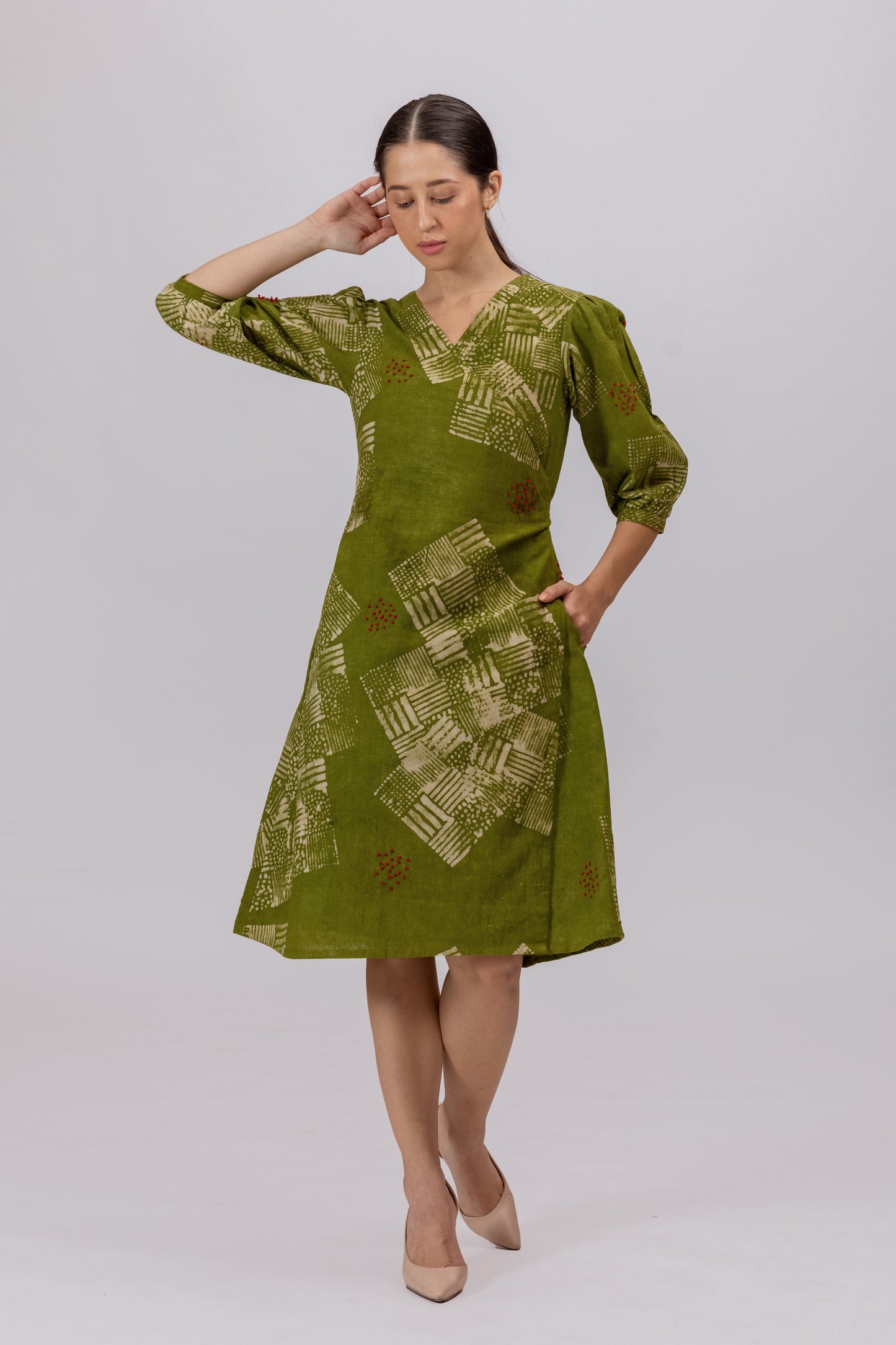 GREEN NATURALLY DYED BATIK PRINT AROUND DRESS