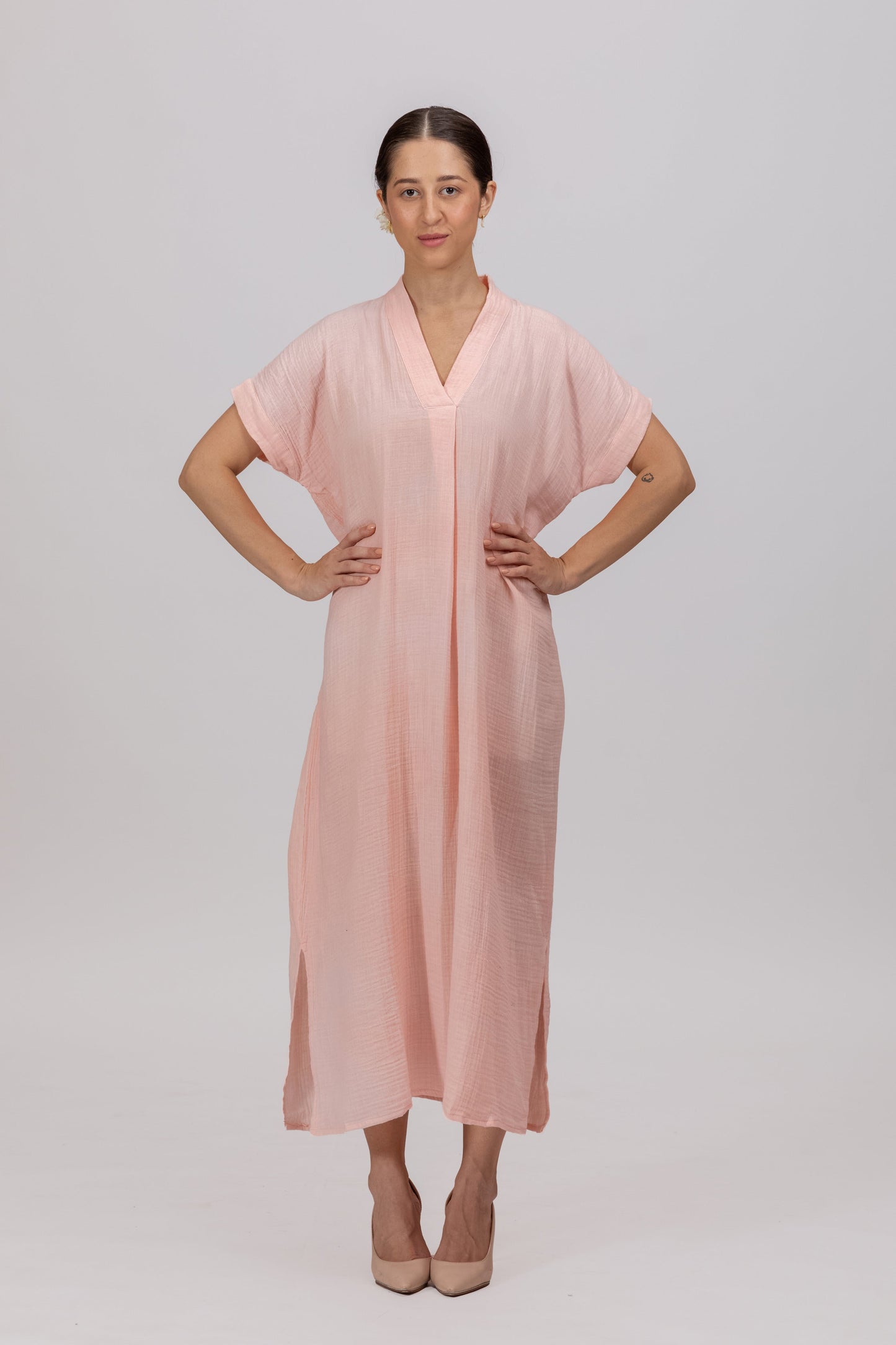 CHAMPAGNE PEACH GOTS-CERTIFIED WRINKLE COTTON MAXI DRESS