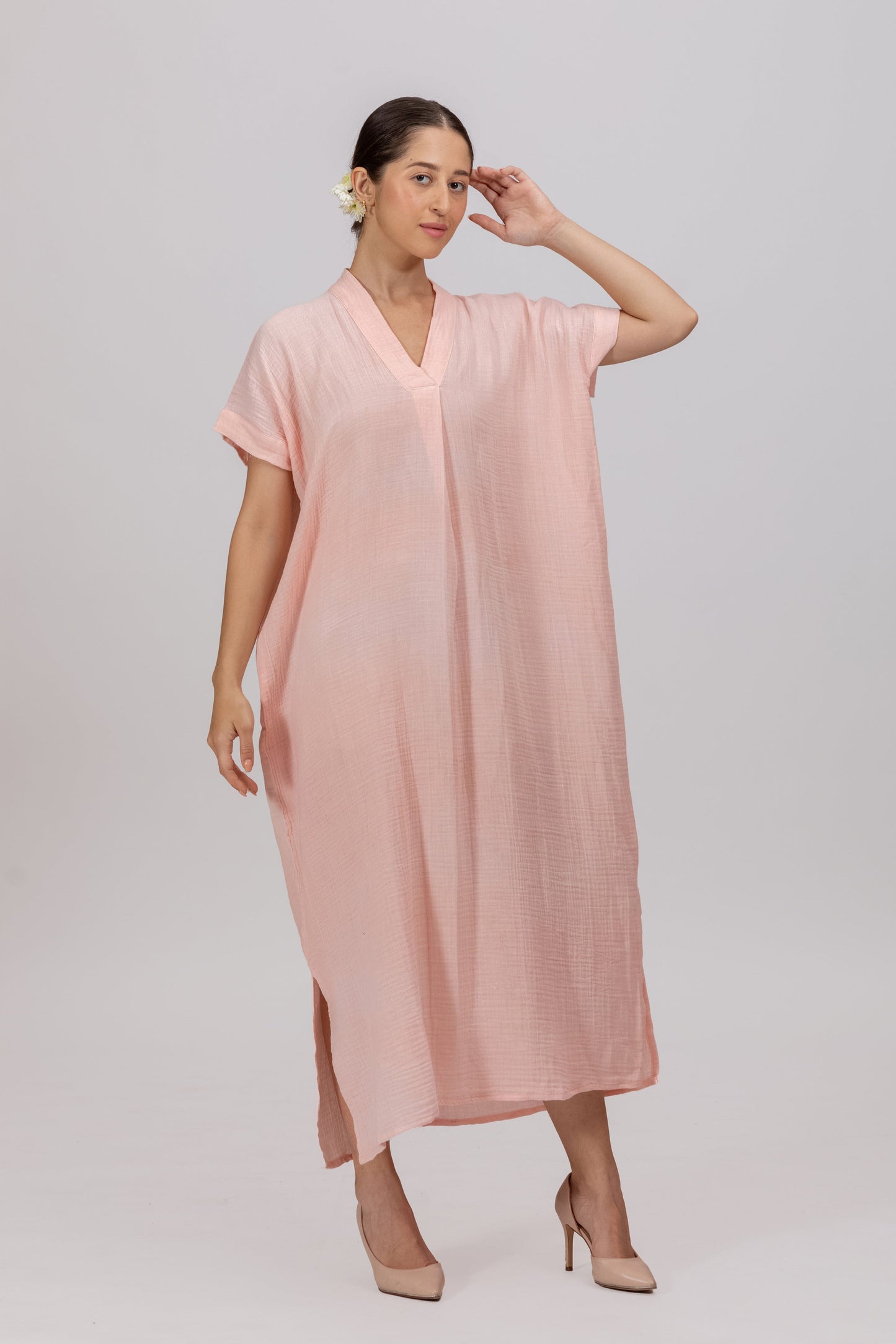 CHAMPAGNE PEACH GOTS-CERTIFIED WRINKLE COTTON MAXI DRESS