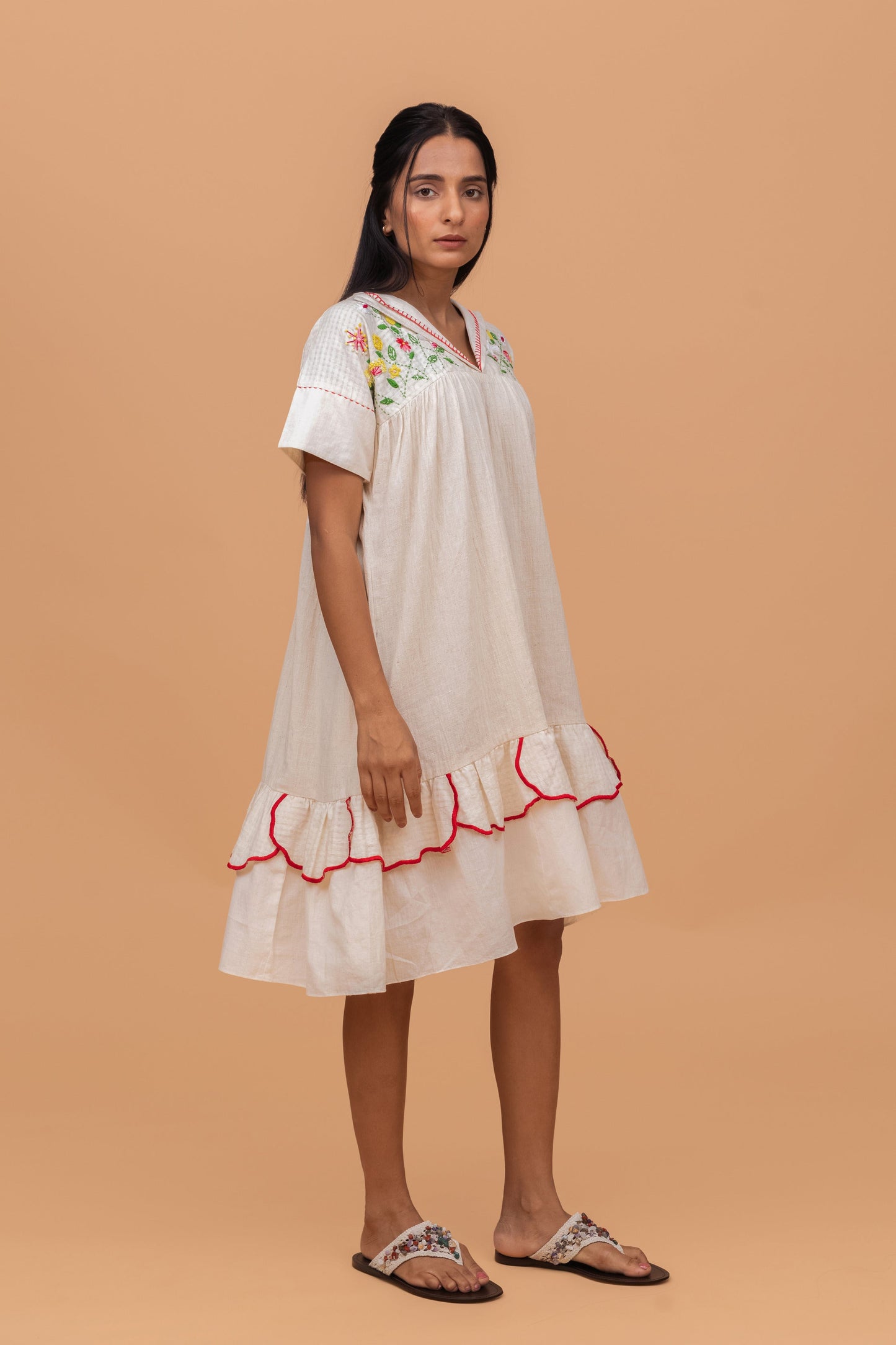 FLOWEBED EMBROIDRED YOKE GATHER COTTON DRESS WITH PETAL FRILLS