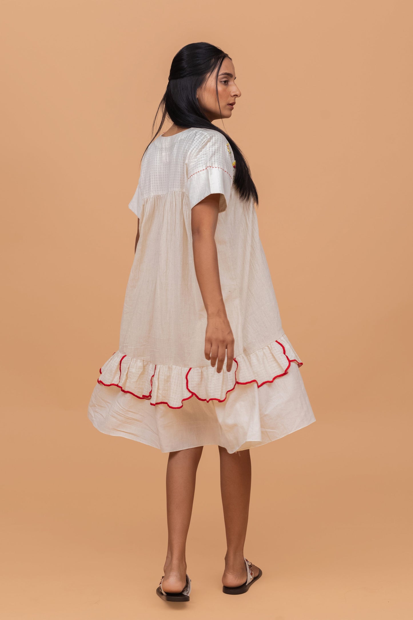FLOWEBED EMBROIDRED YOKE GATHER COTTON DRESS WITH PETAL FRILLS