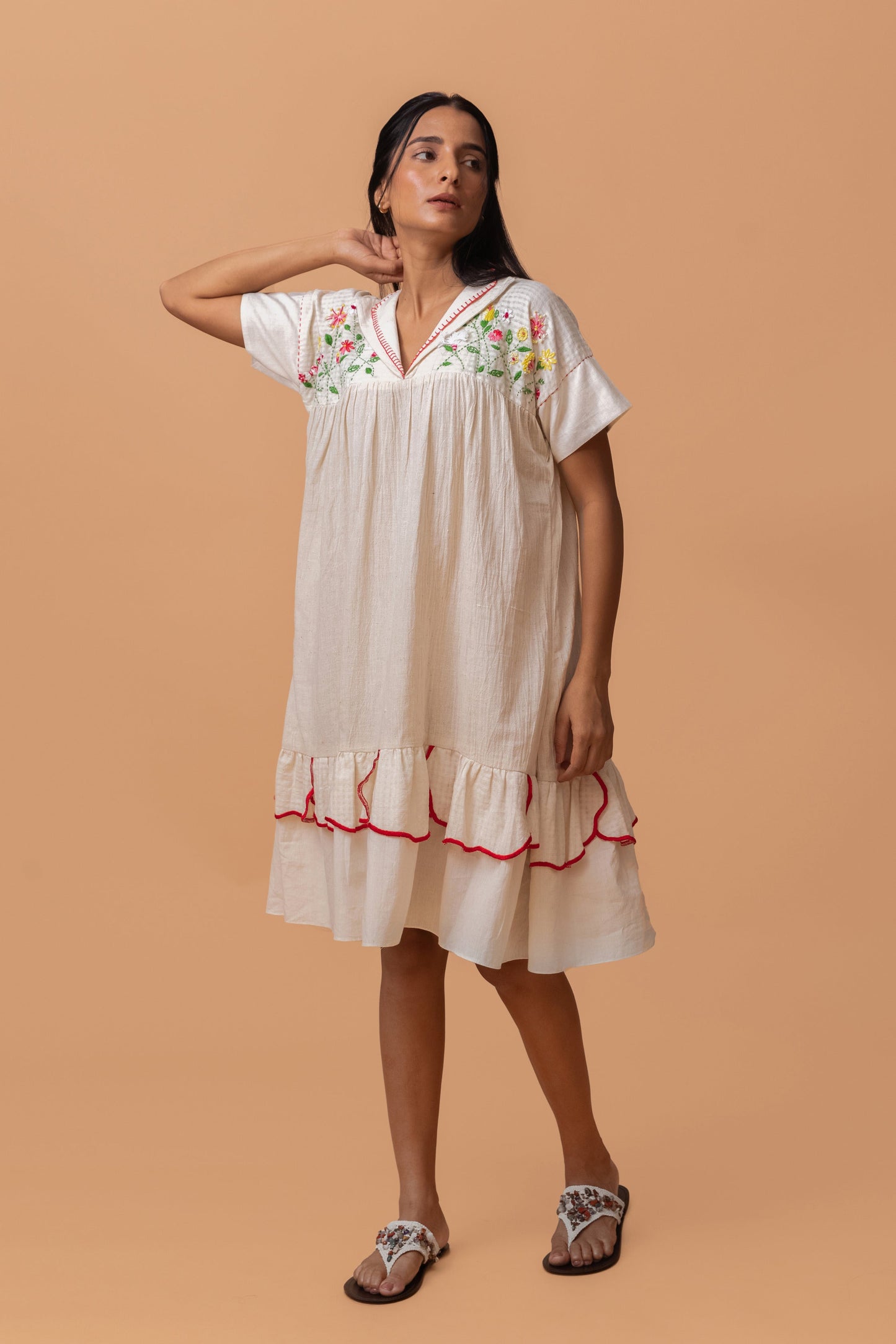 FLOWEBED EMBROIDRED YOKE GATHER COTTON DRESS WITH PETAL FRILLS