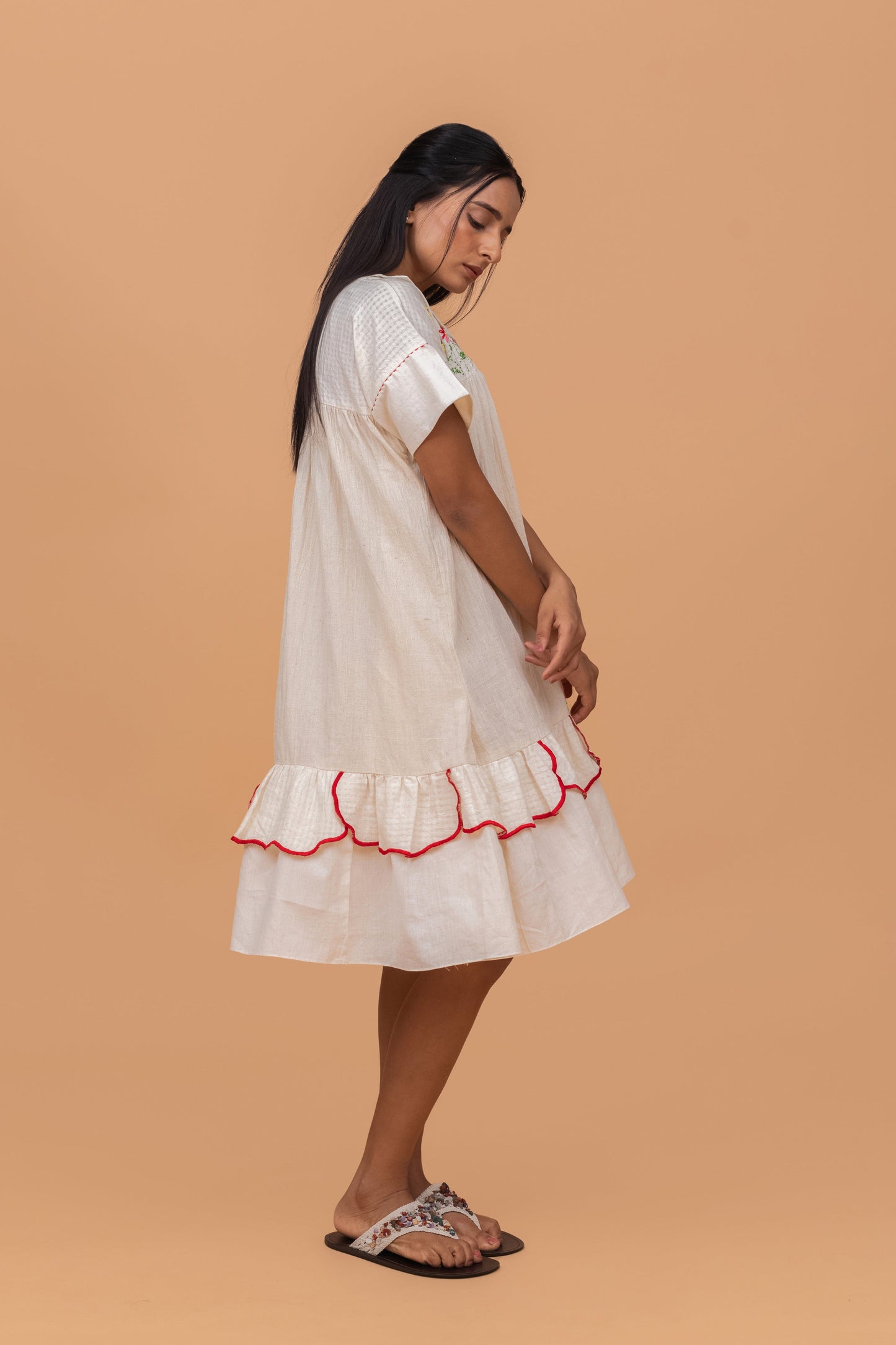 FLOWEBED EMBROIDRED YOKE GATHER COTTON DRESS WITH PETAL FRILLS