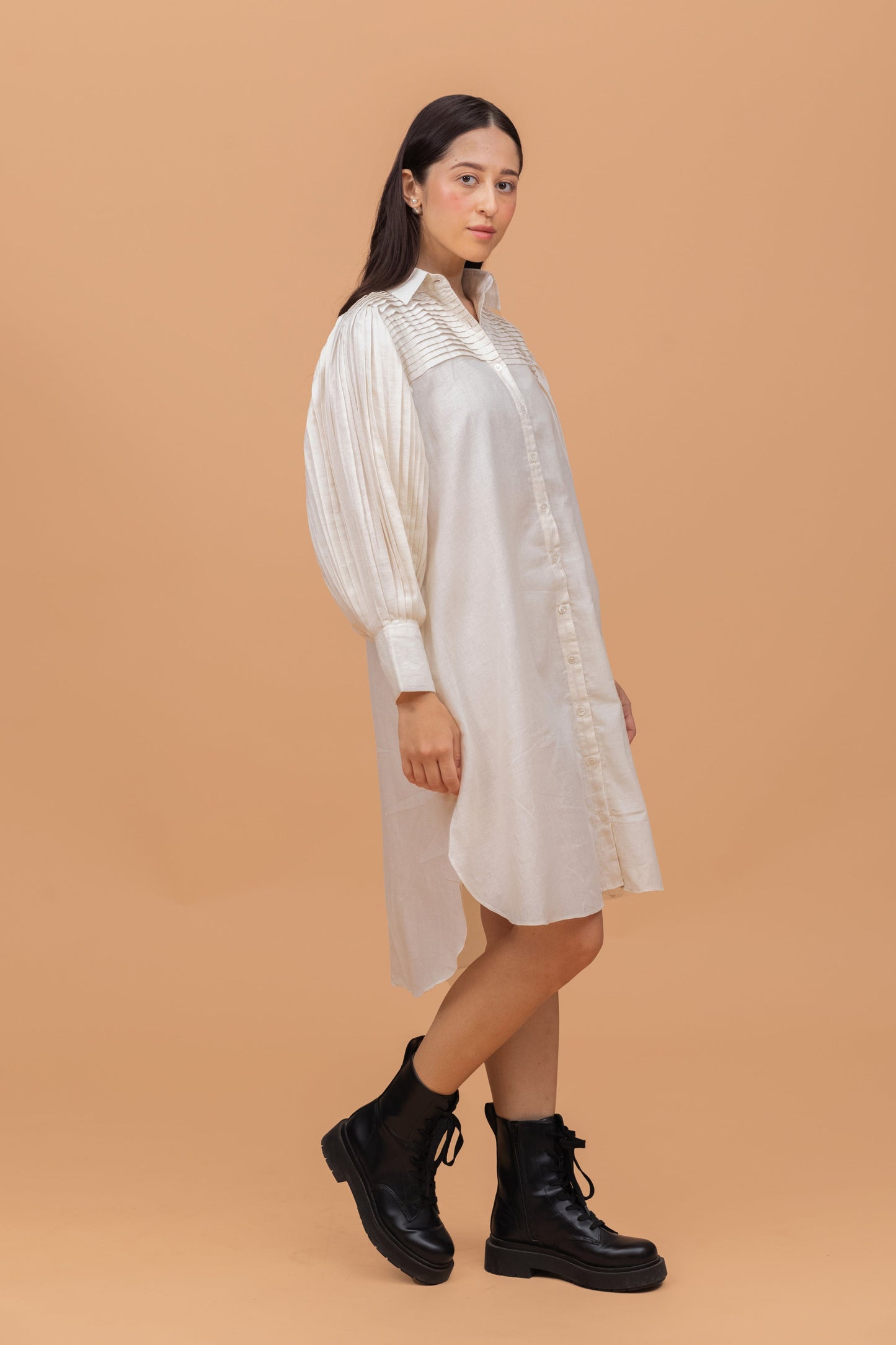 HEAVY PLEAT STATEMENT SLEEVE SHIRT DRESS