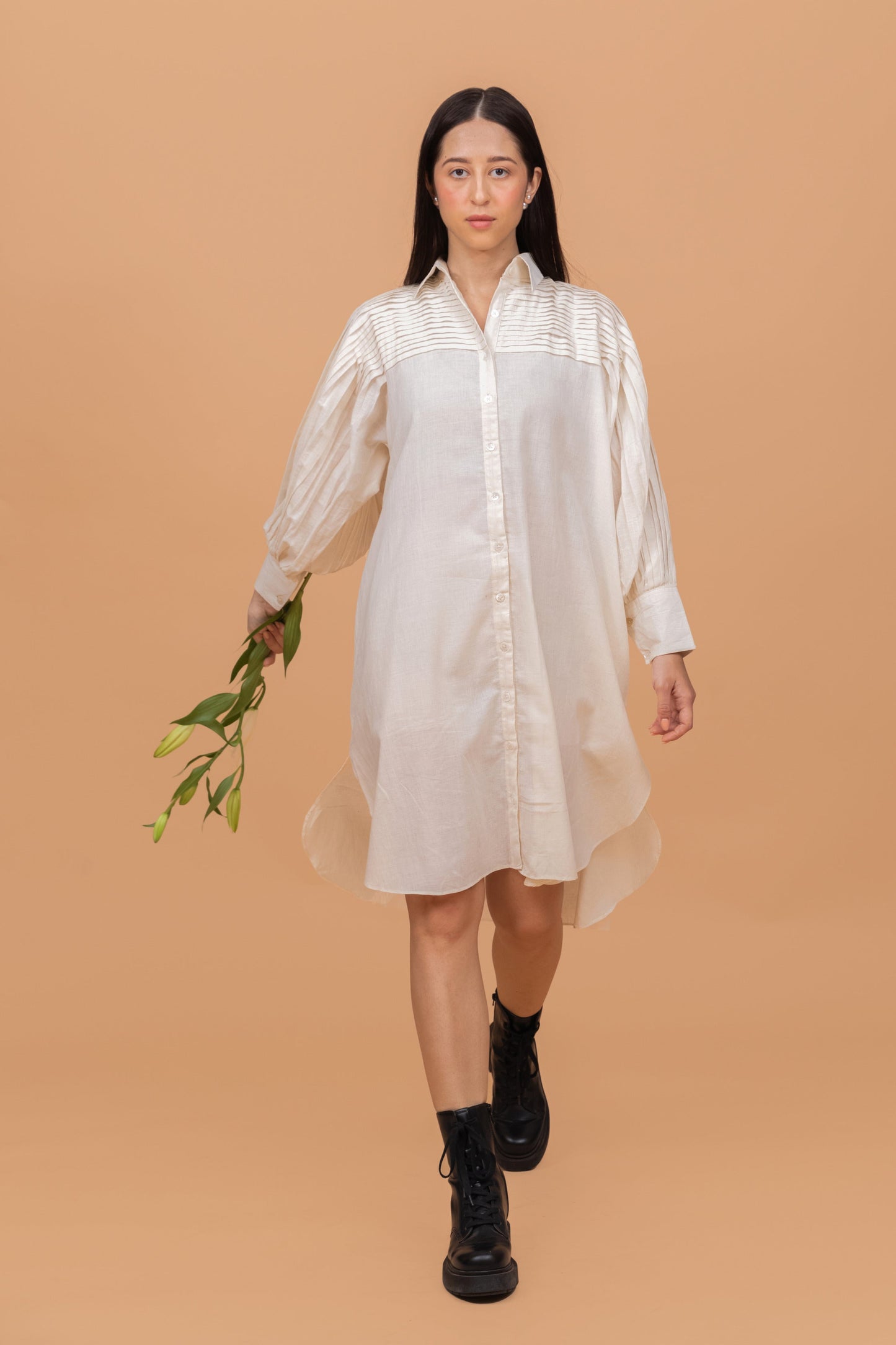 HEAVY PLEAT STATEMENT SLEEVE SHIRT DRESS
