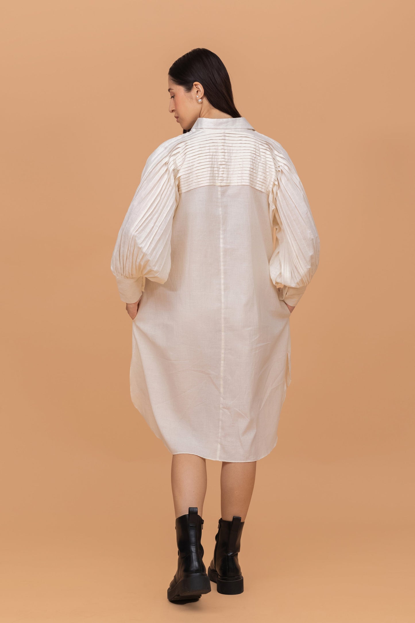 HEAVY PLEAT STATEMENT SLEEVE SHIRT DRESS