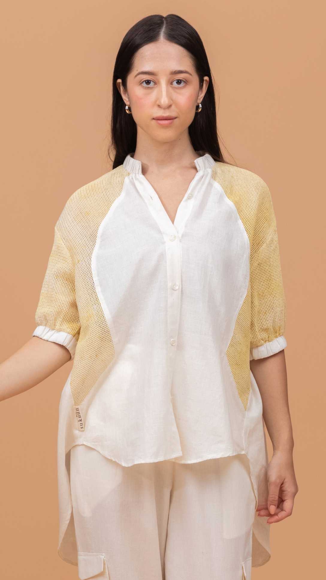MESH ECOPRINT ANTIFIT COTTON KHADI OFF WHITE SHIRT WITH YELLOW PRINT