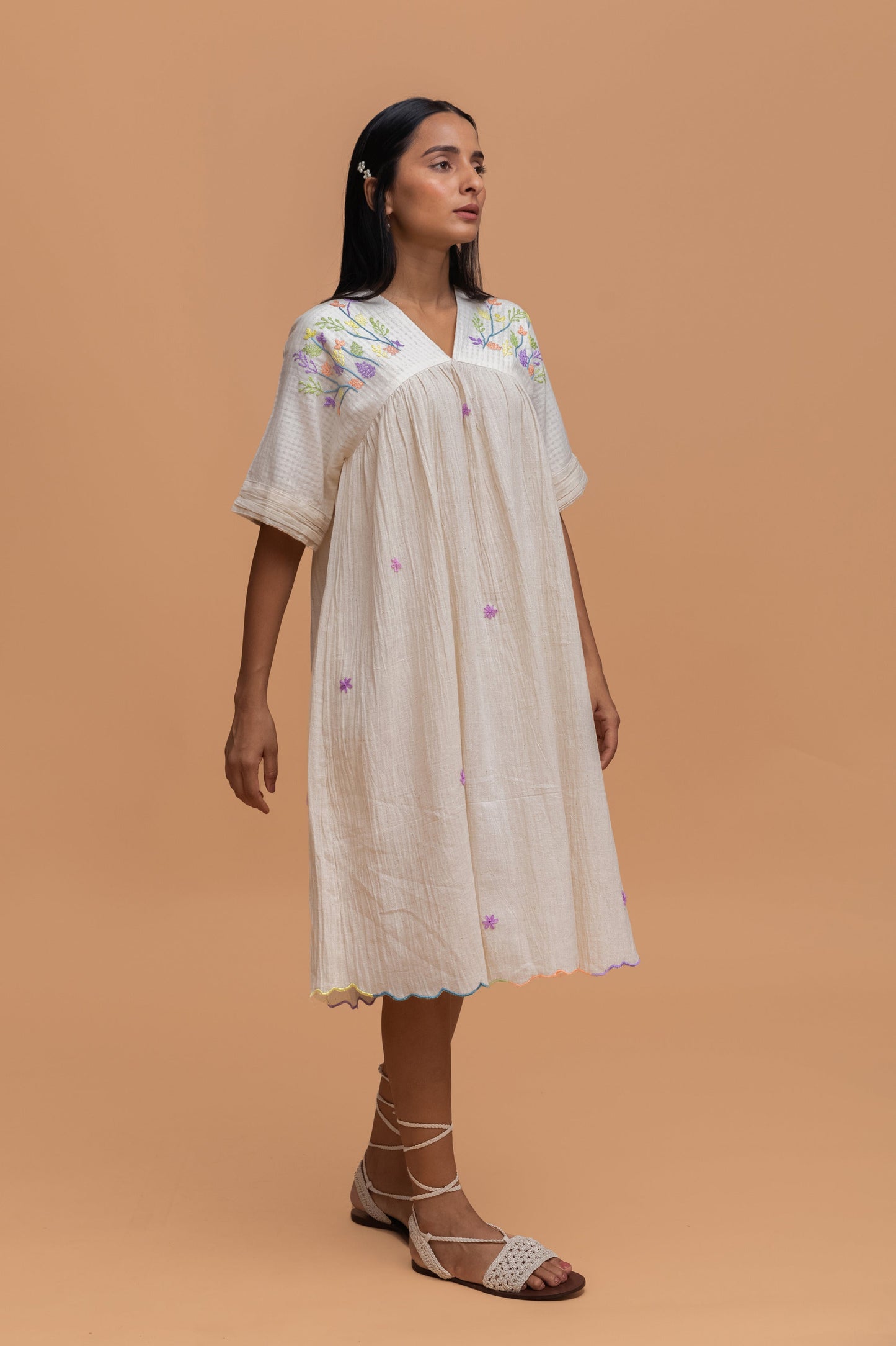 DAINTY LILAC EMBROIDERED GATHER DRESS WITH RAINBOW BORDER