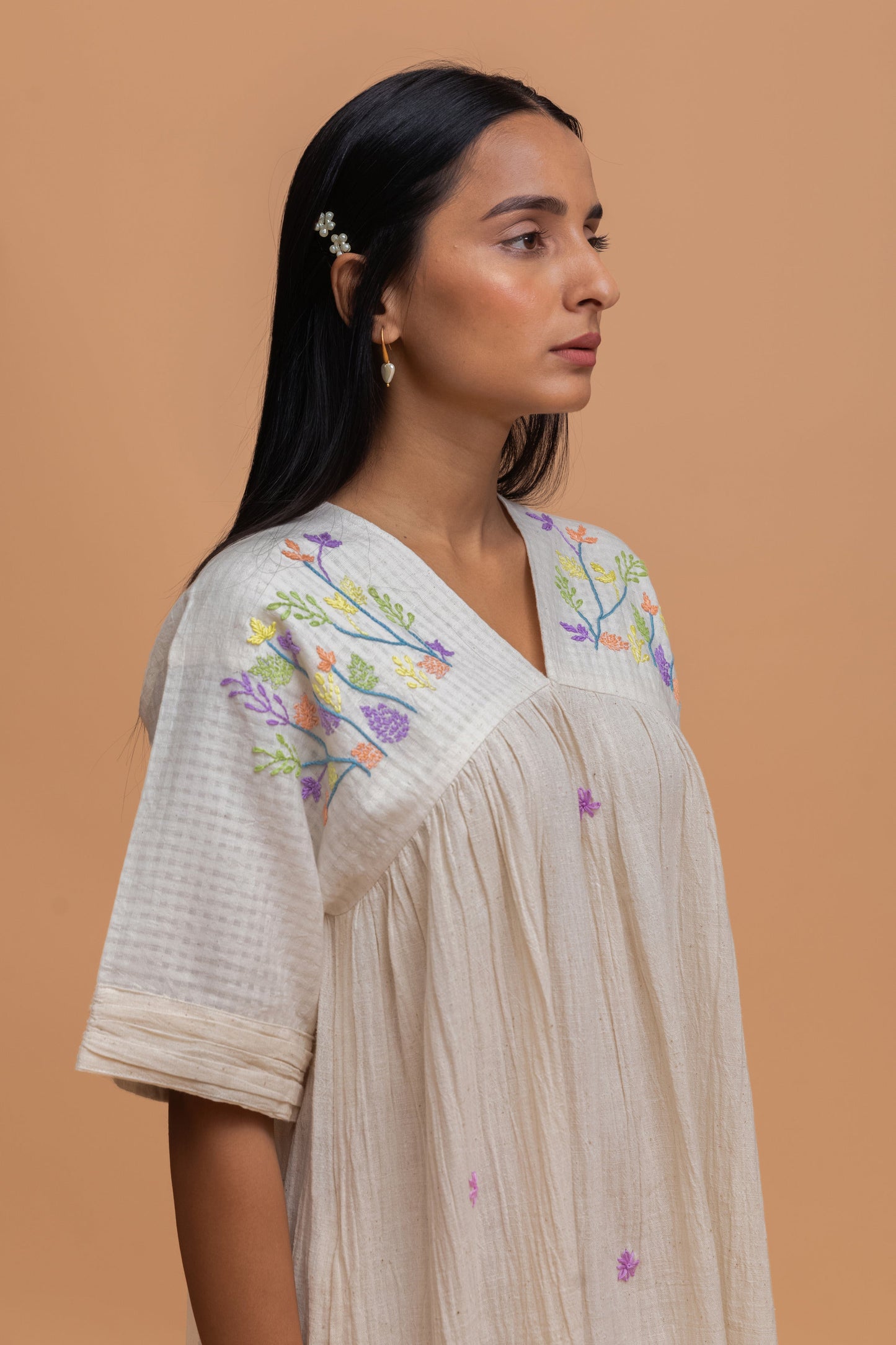 DAINTY LILAC EMBROIDERED GATHER DRESS WITH RAINBOW BORDER