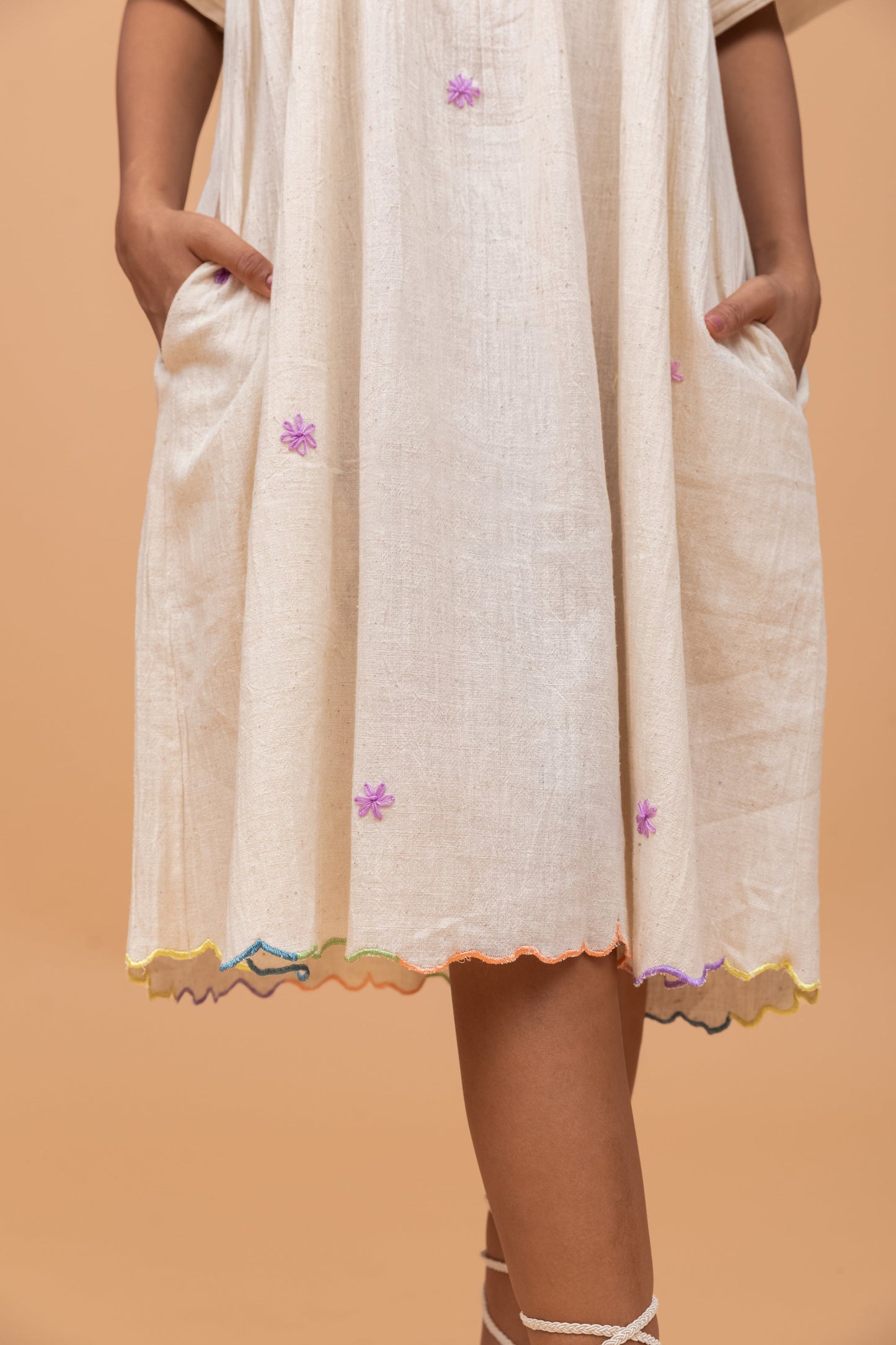 DAINTY LILAC EMBROIDERED GATHER DRESS WITH RAINBOW BORDER