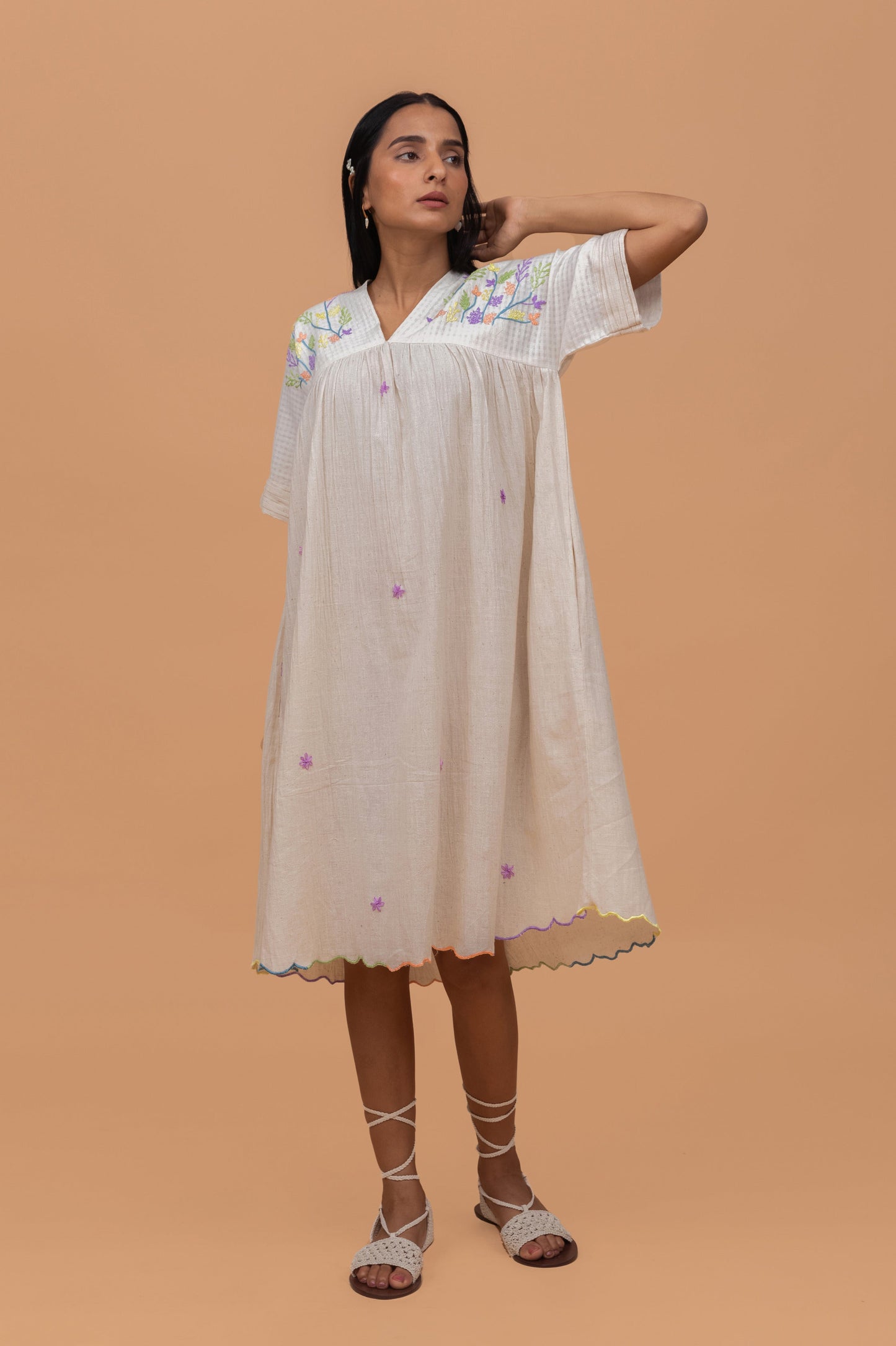 DAINTY LILAC EMBROIDERED GATHER DRESS WITH RAINBOW BORDER