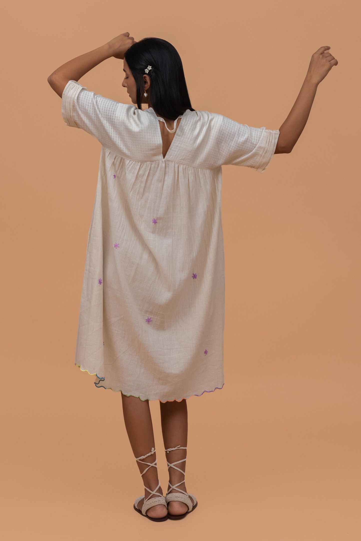 DAINTY LILAC EMBROIDERED GATHER DRESS WITH RAINBOW BORDER