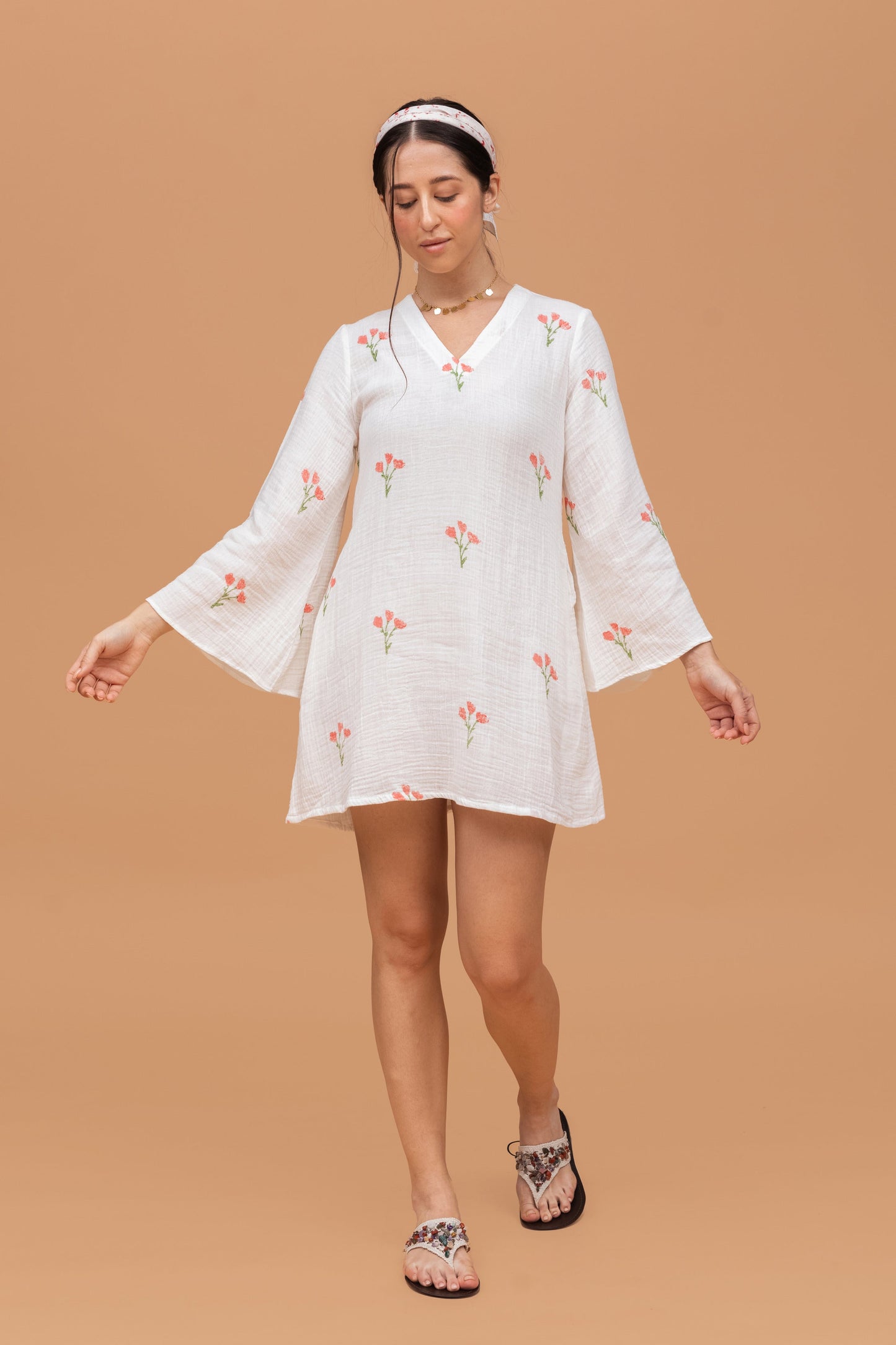 HAND BLOCK PRINTED GOTS-CERTIFIED WRINKLE COTTON SHORT DRESS