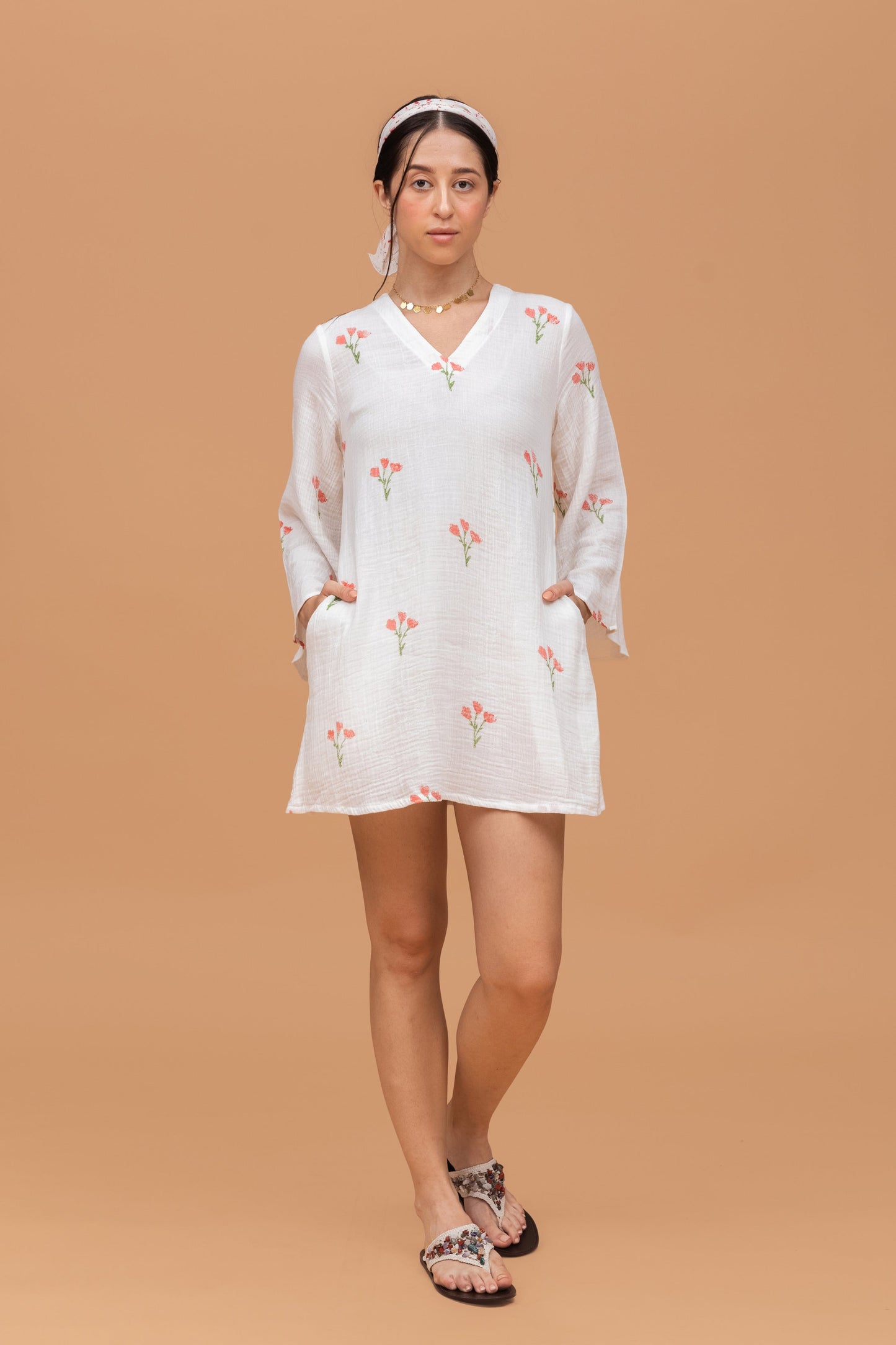 HAND BLOCK PRINTED GOTS-CERTIFIED WRINKLE COTTON SHORT DRESS