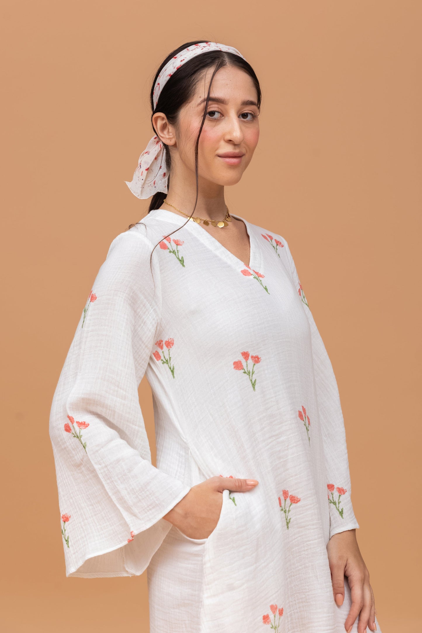 HAND BLOCK PRINTED GOTS-CERTIFIED WRINKLE COTTON SHORT DRESS