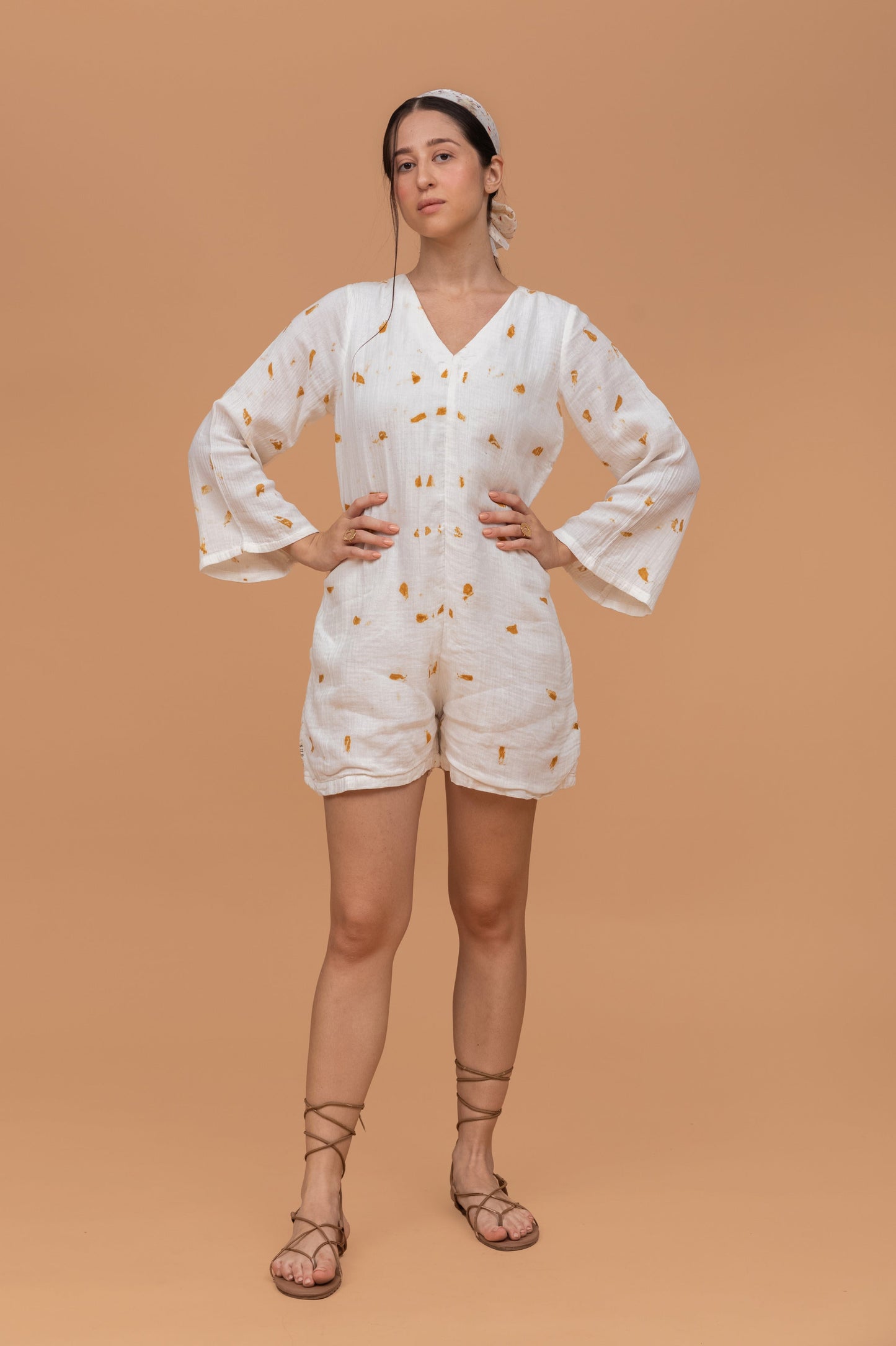 MARIGOLD ECOPRINTED GOTS-CERTIFIED WRINKLE COTTON SHORT JUMPSUIT