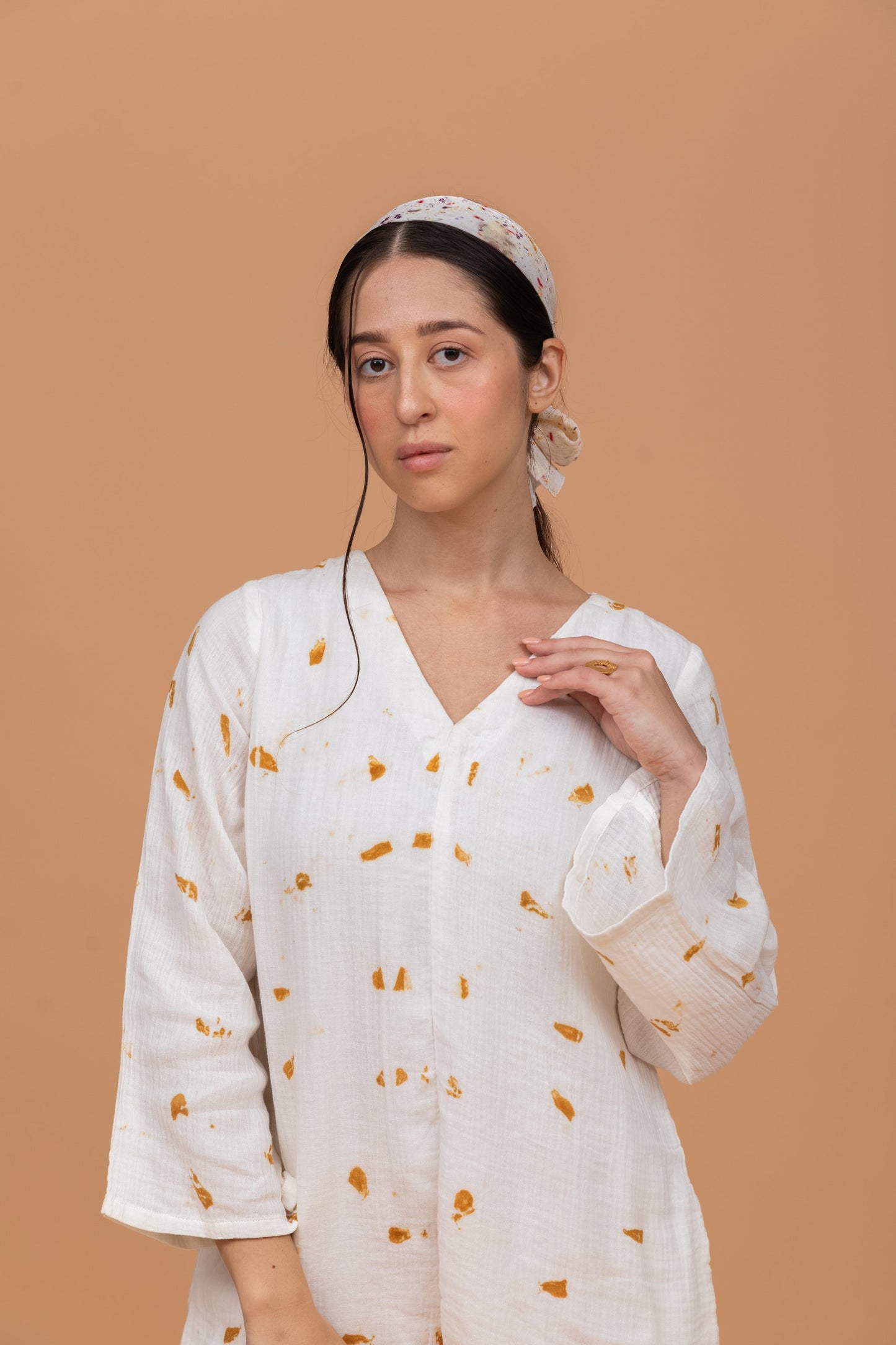 MARIGOLD ECOPRINTED GOTS-CERTIFIED WRINKLE COTTON SHORT JUMPSUIT