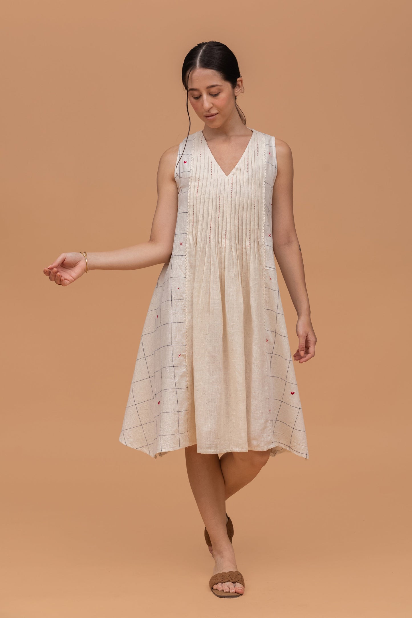 INDIGO DYED CHECKS KALA COTTON LIGHT EMBROIDERED OFF WHITE KURTI