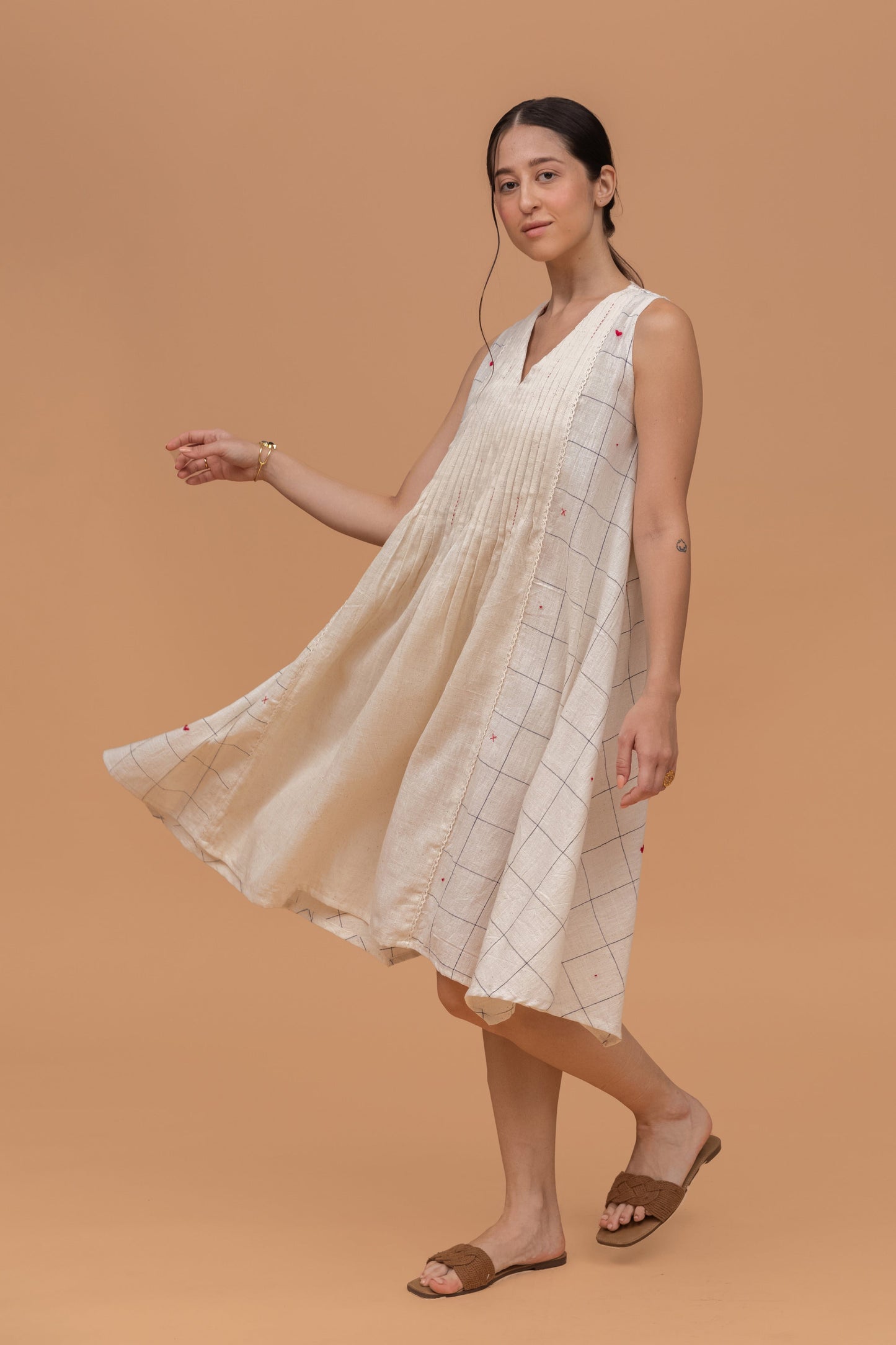 INDIGO DYED CHECKS KALA COTTON LIGHT EMBROIDERED OFF WHITE KURTI