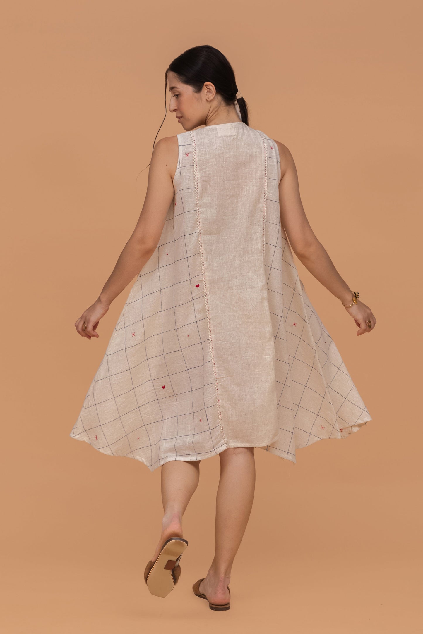 INDIGO DYED CHECKS KALA COTTON LIGHT EMBROIDERED OFF WHITE KURTI