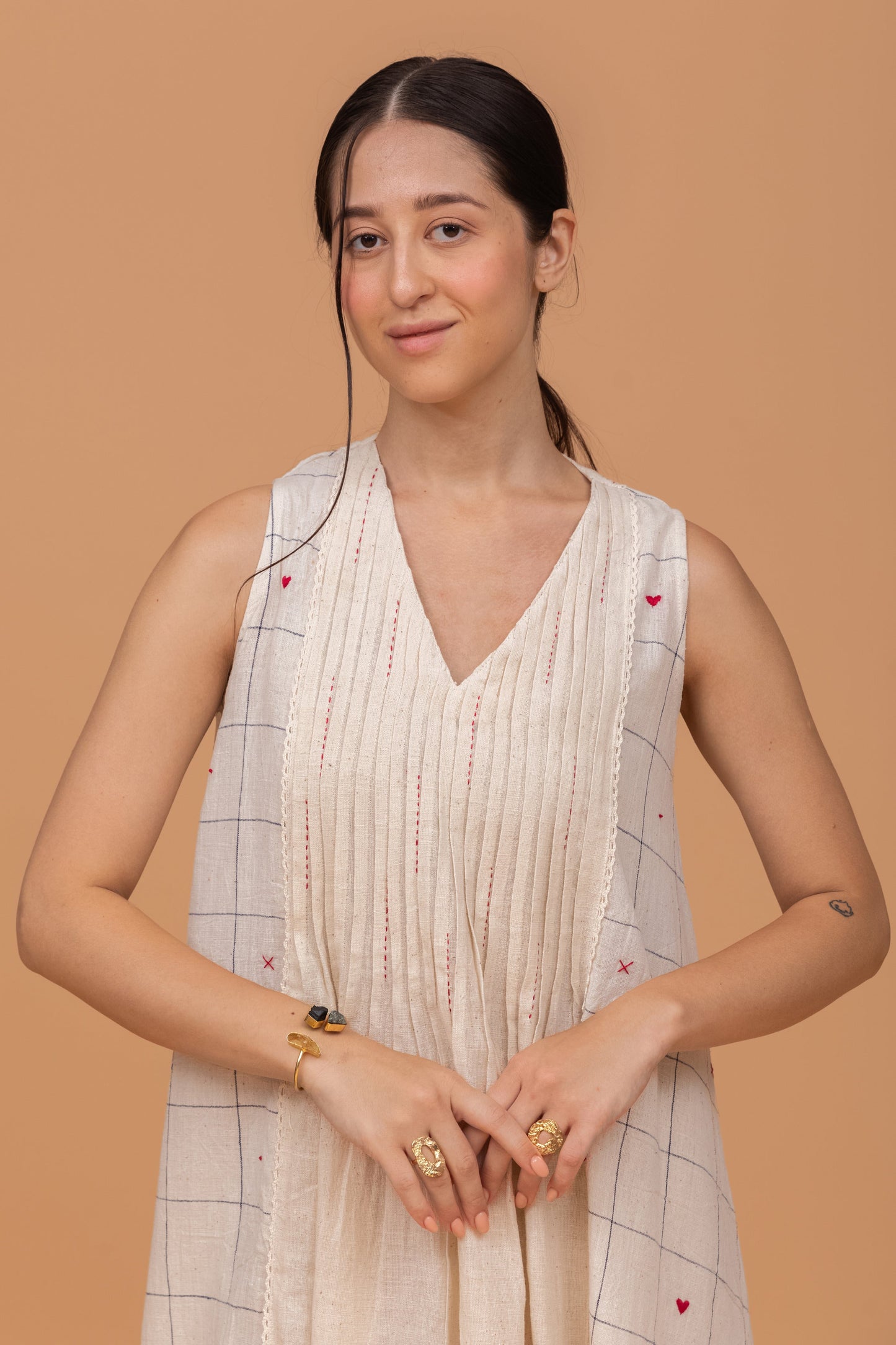 INDIGO DYED CHECKS KALA COTTON LIGHT EMBROIDERED OFF WHITE KURTI