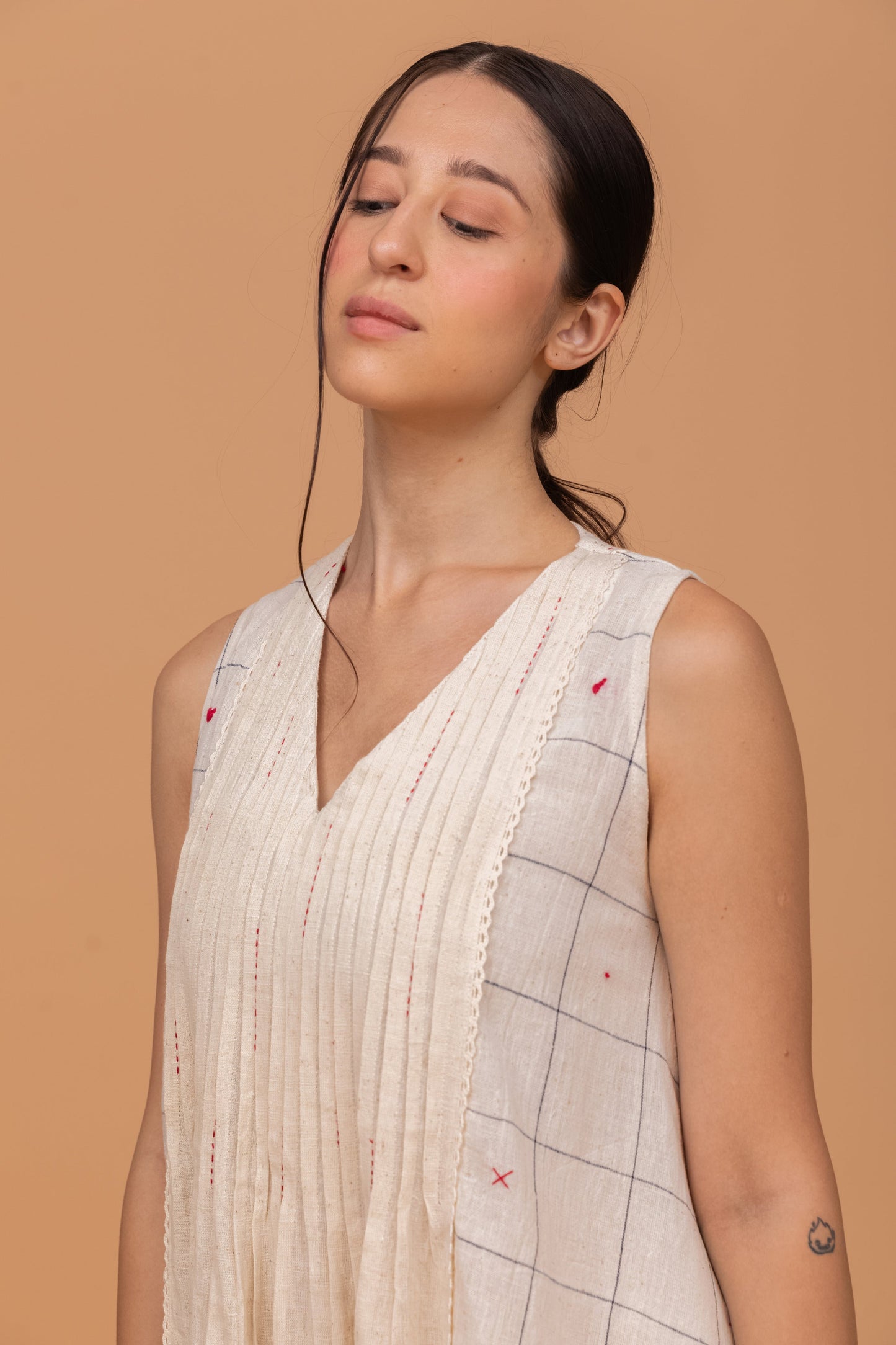 INDIGO DYED CHECKS KALA COTTON LIGHT EMBROIDERED OFF WHITE KURTI
