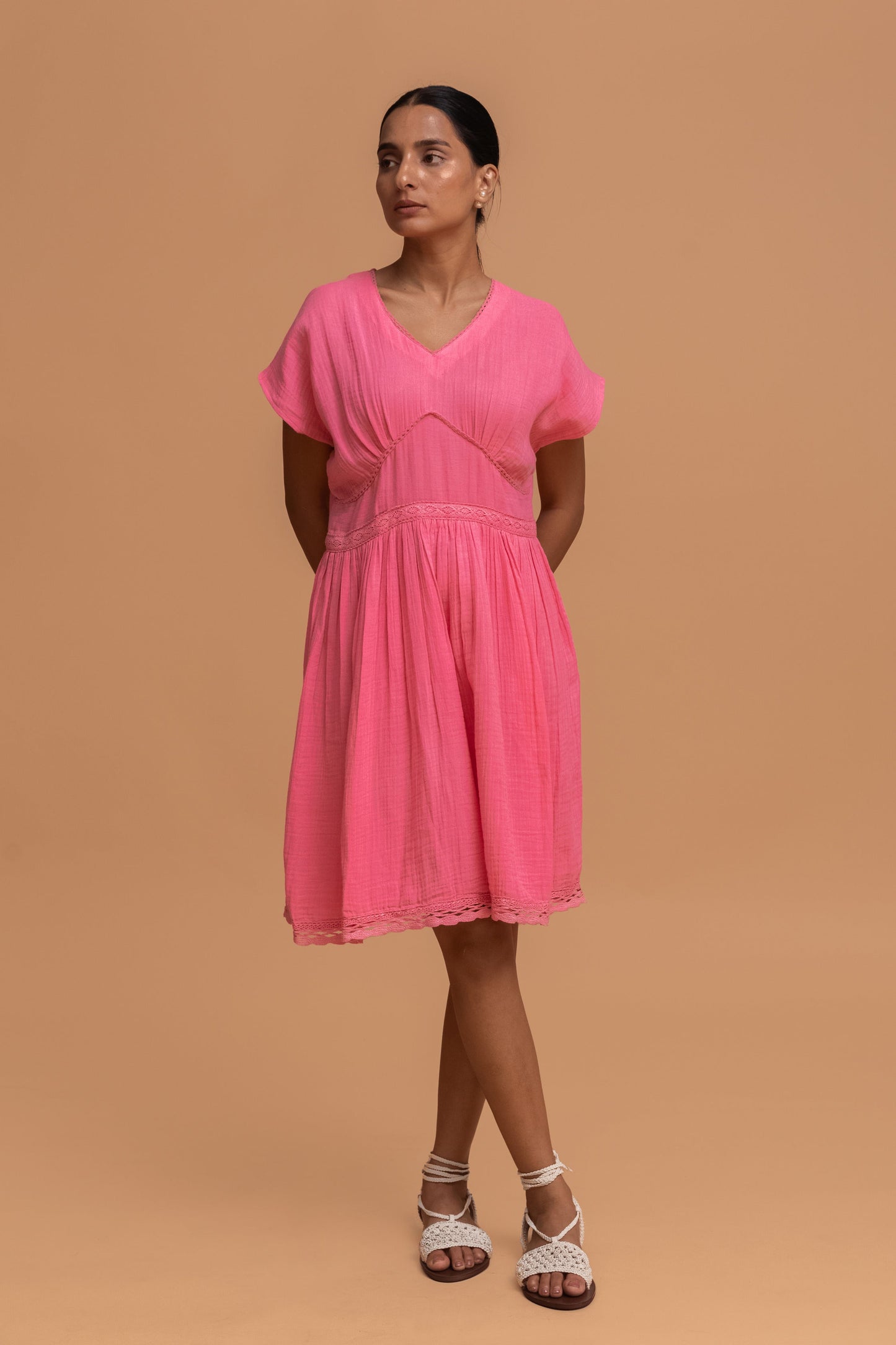 FLAMINGO PINK GOTS-CERTIFIED WRINKLE COTTON SUMMER FROCK