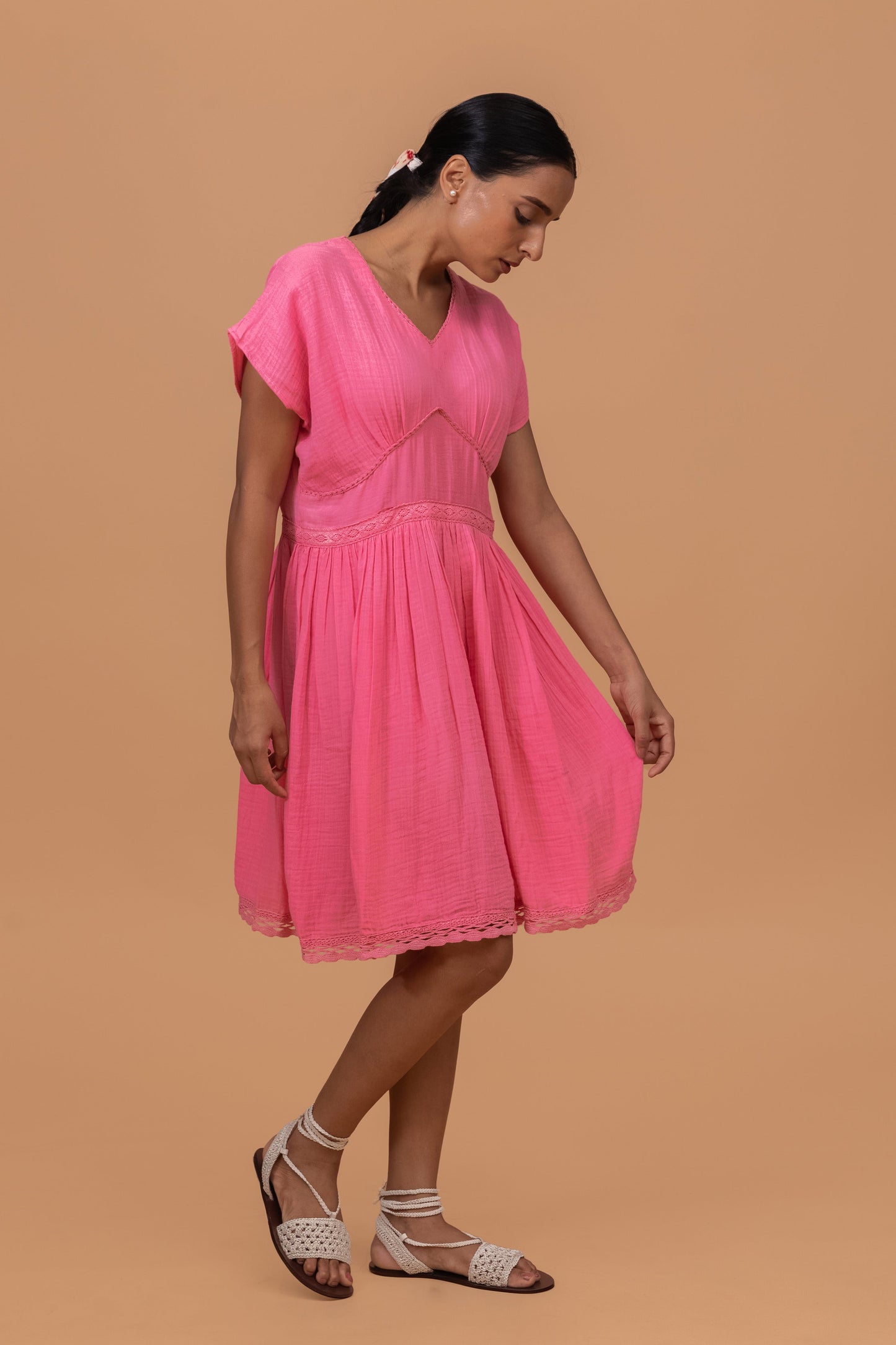FLAMINGO PINK GOTS-CERTIFIED WRINKLE COTTON SUMMER FROCK
